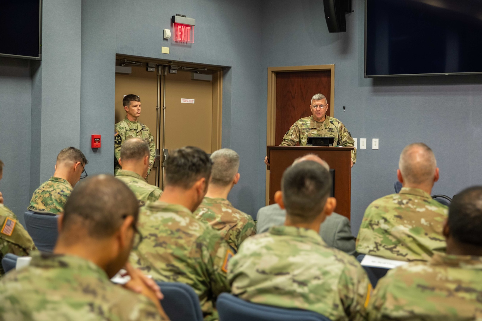 Commanding General for Joint Task Force Civil Support (JTF-CS) U.S. Army Maj. Gen. William “Bill” Hall gives opening remarks during the command’s 20th anniversary celebration at JTF-CS headquarters. The celebration also included a Defense Chemical, Biological, Radiological and Nuclear (CBRN) Response Force (DCRF) leadership symposium, as well as a room dedication for the late U.S. Army Maj. Gen. (ret) Jeff Mathis III, who served as the command’s commanding general from July 2012 to July 2014. The celebration was attended by representatives from U.S. Northern Command (NORTHCOM) and U.S. Army North (ARNORTH), DCRF unit commanders and Federal Emergency Management Agency (FEMA) regional leaders, as well as prior JTF-CS members and alumni. (Official DoD photo by Mass Communication Specialist 3rd Class Michael Redd/RELEASED)