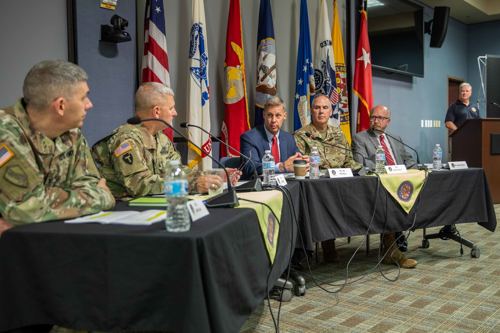 Federal Emergency Management Agency (FEMA) Director of Operations Division U.S. Army Maj. Gen. (ret) William Roy, who also served as the Joint Task Force Civil Support (JTF-CS) commanding general from July 2014 to July 2016, speaks as part of a leadership panel during a Defense Chemical, Biological, Radiological and Nuclear (CBRN) Response Force (DRCF) leadership symposium. The symposium was held during JTF-CS’s 20th anniversary celebration, which also included a room dedication for the late U.S. Army Maj. Gen. (ret) Jeff Mathis III, who served as the command’s commanding general from July 2012 to July 2014. The celebration was attended by representatives from U.S. Northern Command (NORTHCOM) and U.S. Army North (ARNORTH), DCRF unit commanders and FEMA regional leaders, as well as prior JTF-CS members and alumni. (Official DoD photo by Mass Communication Specialist 3rd Class Michael Redd/RELEASED)