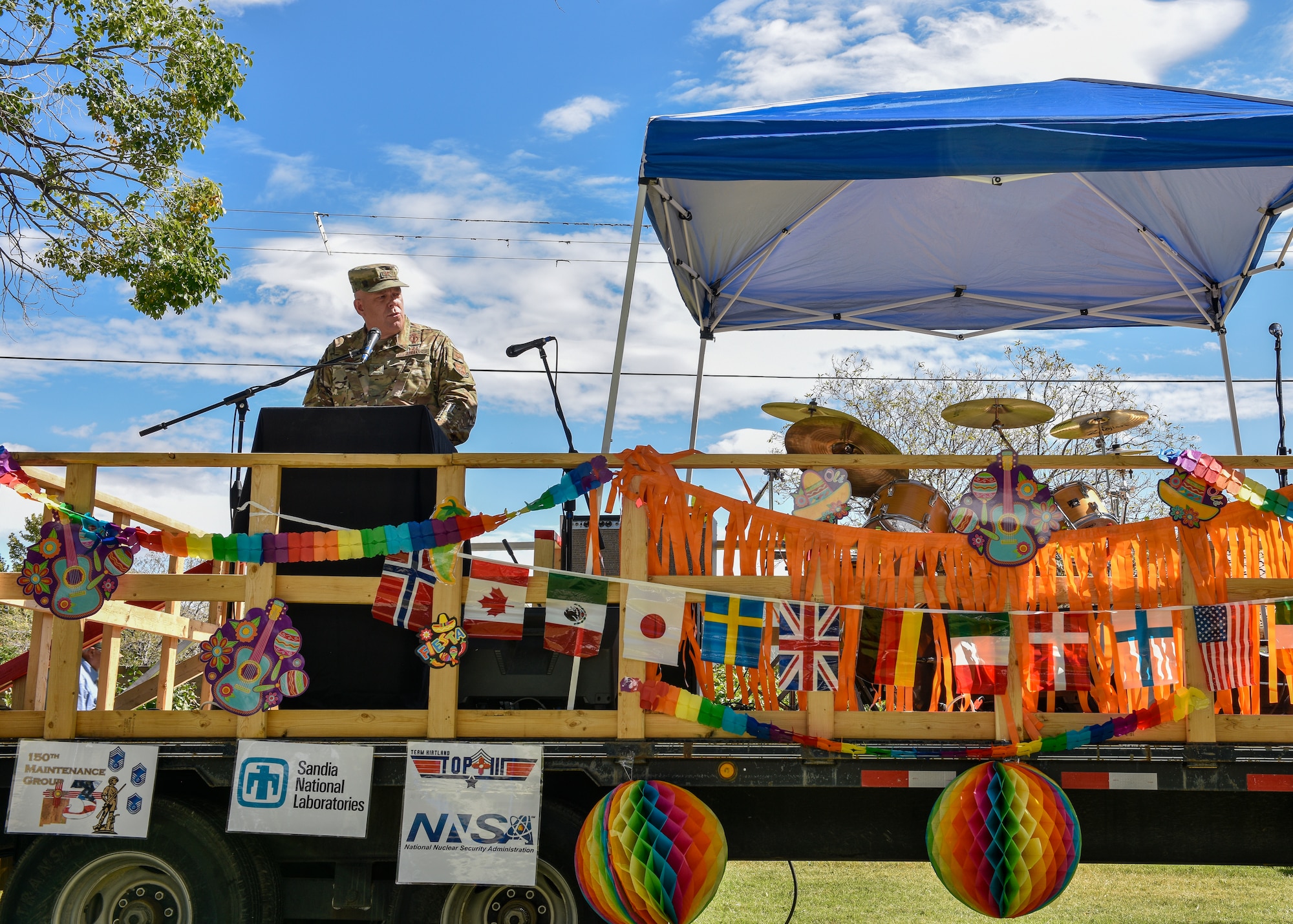 U.S. Air Force Col. Christopher King, 377th Air Base Wing vice commander, talks about the unique opportunities service members have to be stationed in Albuquerque at Kirtland Air Force Base, N.M., Oct. 3, 2019. People belonging to the various units on base and mission partners of Kirtland AFB attended the festivities. (U.S. Air Force photo by Airman 1st Class Austin J. Prisbrey)