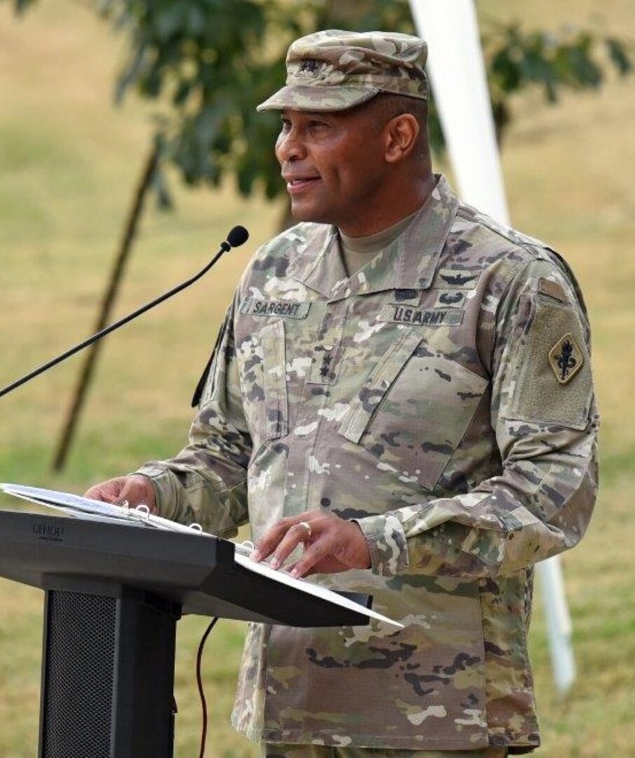 Maj. Gen. Patrick D. Sargent gives remarks at the MEDCoE change of responsibility ceremony.