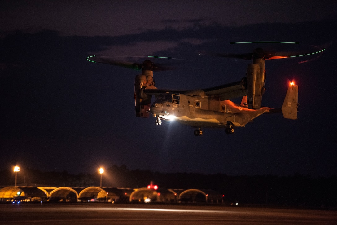 A CV-22 Osprey tiltrotor aircraft lands