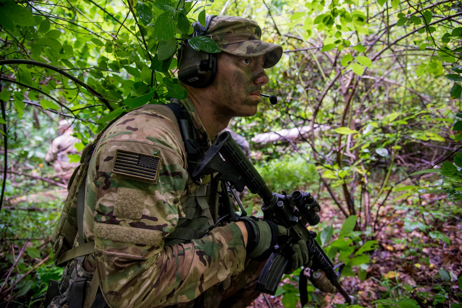 Sgt. Andrew Gast, an infantryman with Company A, 1st Battalion, 148th Infantry Regiment, on reconnaissance patrol July 22, 2019, at Camp Atterbury, Ind. The 1-148th, part of the Ohio National Guard’s 37th Infantry Brigade Combat Team, worked on combat readiness during the battalion’s two-week annual training.