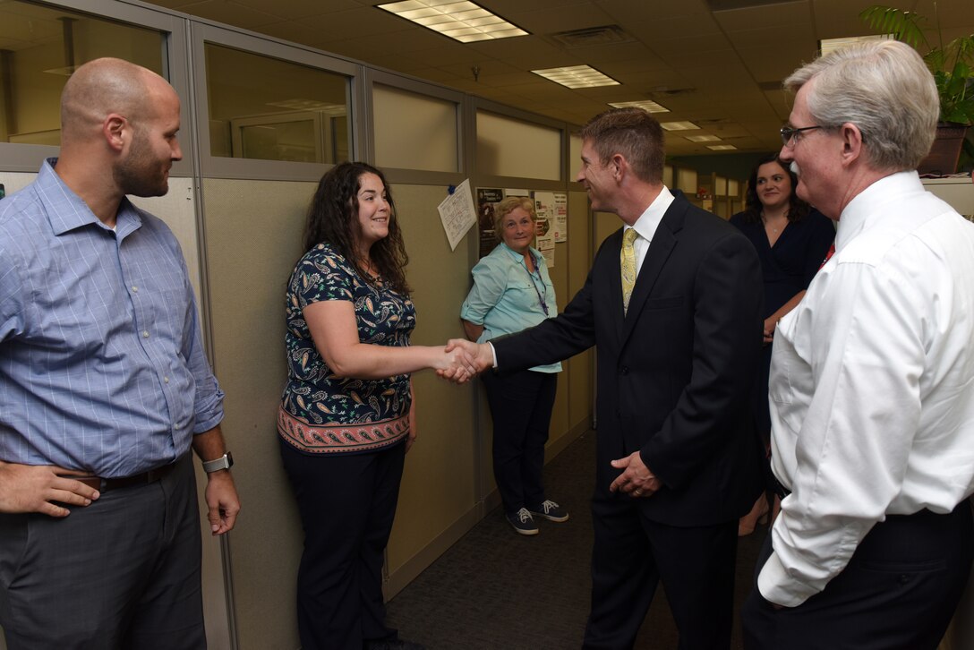 Joseph M. Savage, Regional Business director for the U.S. Army Corps of Engineers Great Lakes and Ohio River Division, meets Nashville District project managers and planners during a tour of the headquarters Oct. 1, 2019. (USACE photo by Lee Roberts)