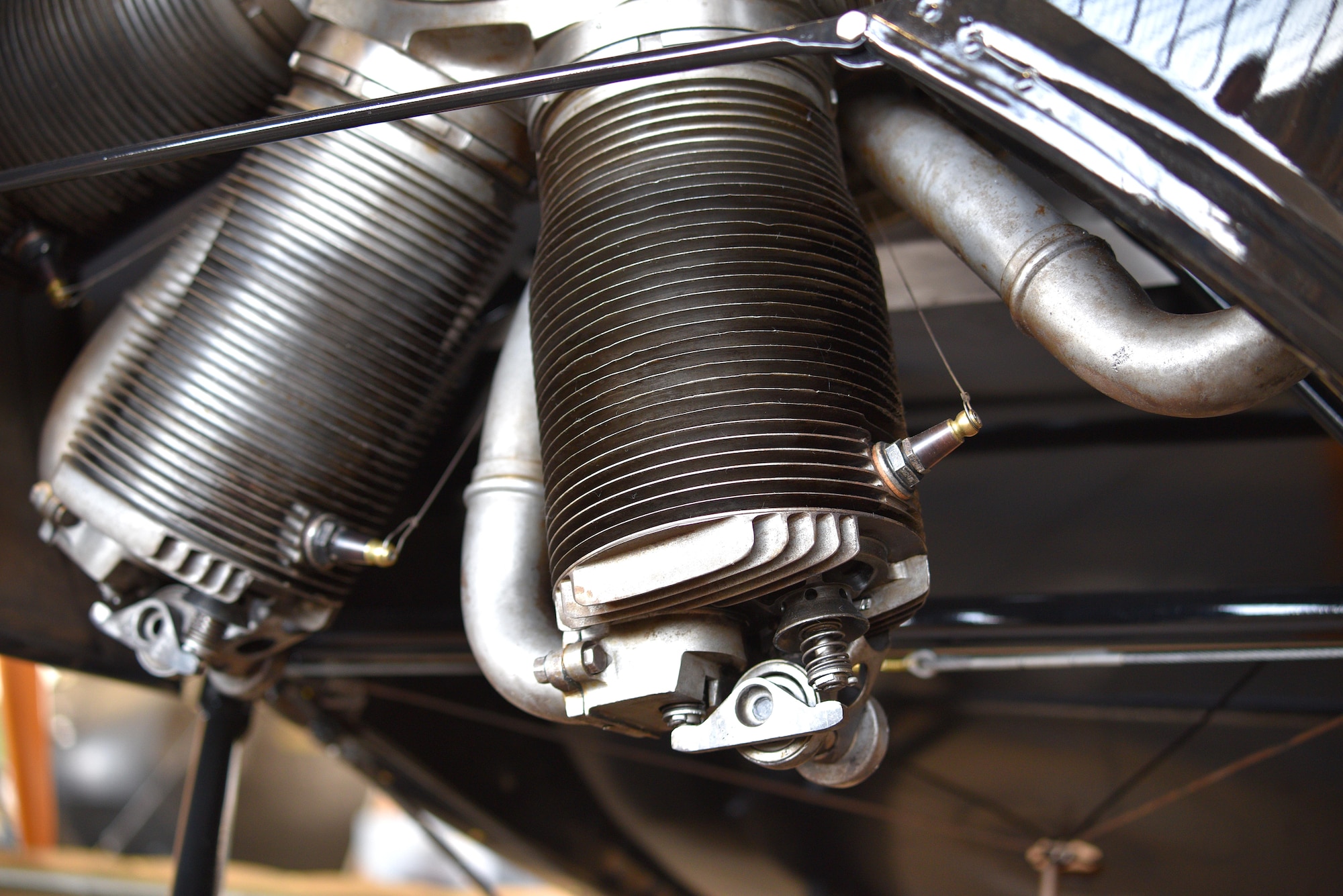 View of biplane engine during restoration.