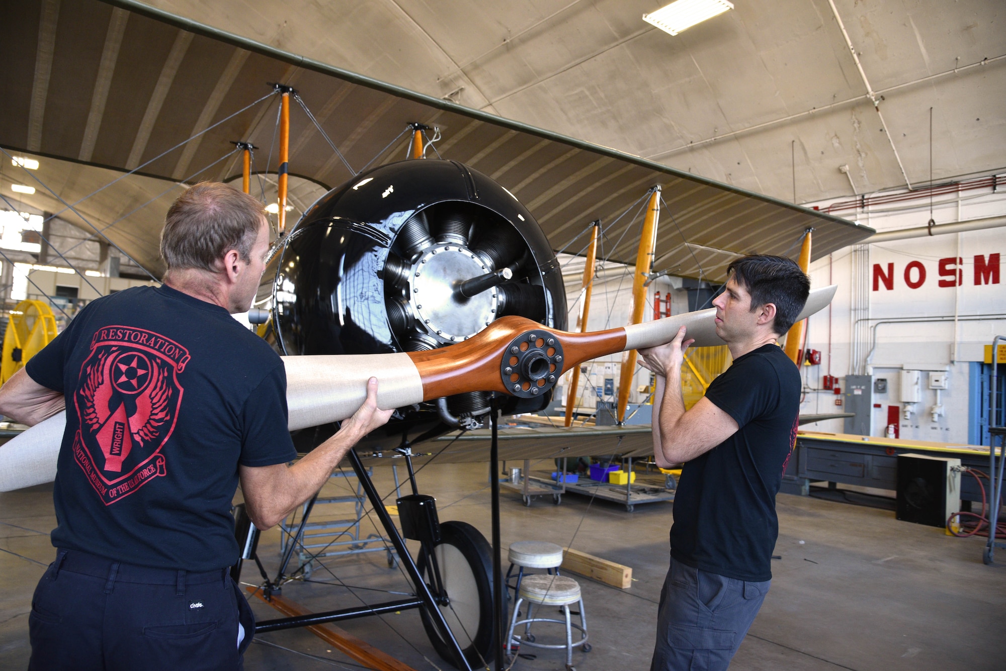 Aircraft view of propeller of a biplane in restoration.