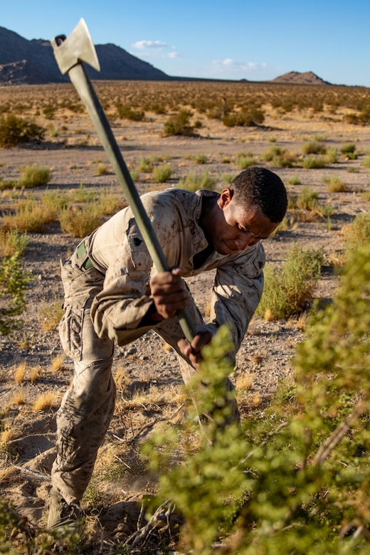 U.S. Marine Corps Sgt. Kashan Hobson, a vehicle commander with 3rd Light Armored Reconnaissance Battalion, 1st Marine Division, swings an axe at the surrounding foliage during a Marine Corps Combat Readiness Evaluation (MCCRE) at Marine Corps Air Ground Combat Center Twentynine Palms, California, Sept. 6, 2019. The MCCRE is used to formally evaluate Marines on their combat readiness prior to their upcoming deployment. (U.S. Marine Corps photo by Lance Cpl. Roxanna Ortiz)