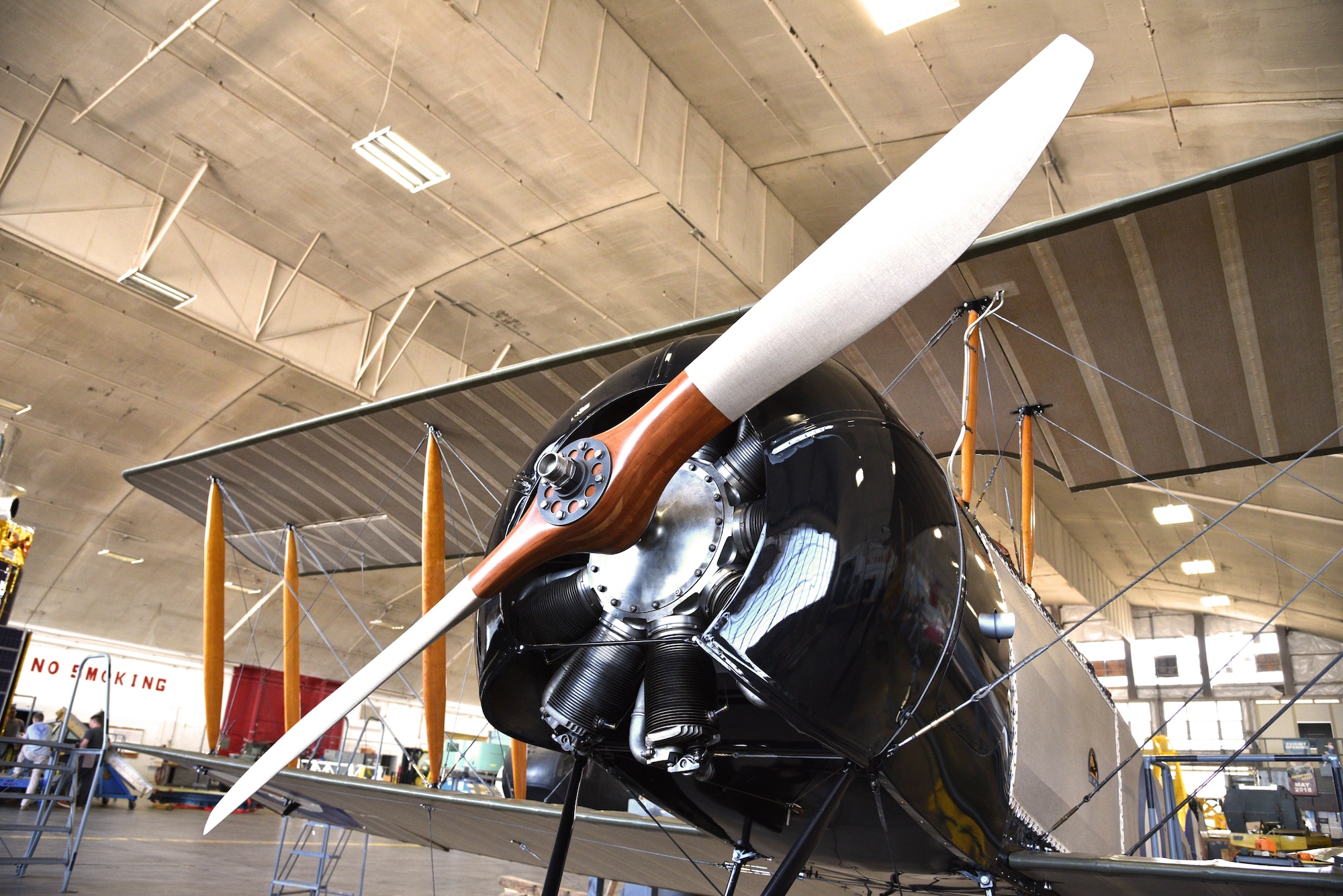 Aircraft view of propeller of a biplane in restoration.