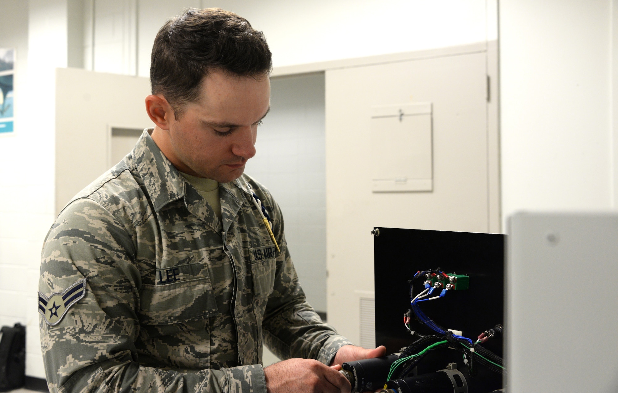 Airman uses a digital fuel quantity trainer at Sheppard Air Force Base, Texas, Oct. 2, 2019.