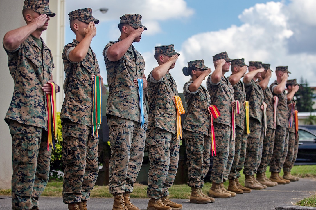 Marines standing a row saluting and holding different colored streamers.