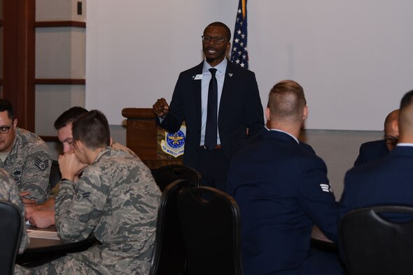 Air Force veteran Darryl Kelly, speaks to Airmen from Team McConnell Oct. 2, 2019, at McConnell Air Force Base, Kan. Kelly spoke on the importance of Airmen’s involvement in the community surrounding the base and allowed them to give input on what they want for the future of Wichita. (U.S. Air Force photo by Airman 1st Class Alexi Bosarge)