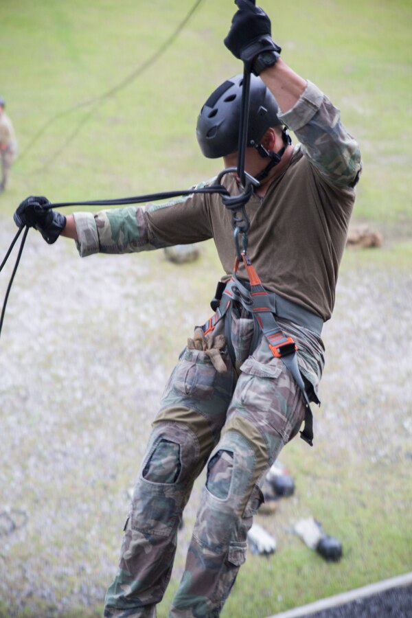 A Marine Raider participates in the rappel portion of the annual Marine Forces Special Operations Command 2019 Marine Raider Competition on Marine Corps Base Camp Lejeune, N.C., June 12, 2019. The competition fostered camaraderie and tested participants’ operational capabilities consistent with special operations missions through a rigorous evolution of events and to honor Marine Raider heritage.  The competition consisted of six teams of six participants hailing from 1st Marine Raider Battalion, 2nd Marine Raider Battalion, 3rd Marine Raider Battalion, Marine Raider Training Center and 2nd Marine Reconnaissance Battalion. (U.S. Marine Corps photo by Cpl. Heather J. Atherton)