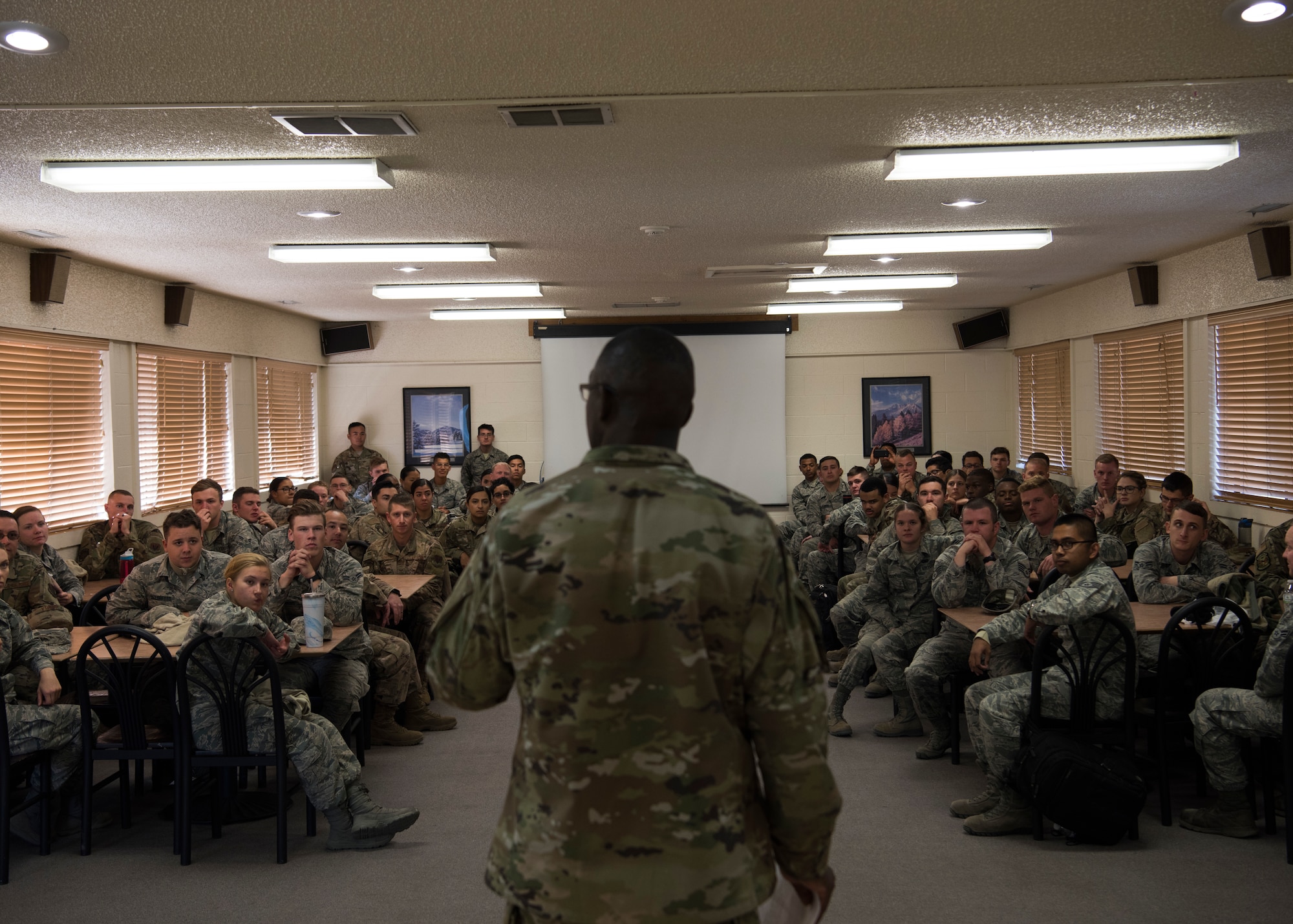 Chief Master Sgt. Wyndell Snider, 366th Fighter Wing command chief, speaks to Airmen who completed the Leadership Reaction Course on Gowen Field, Idaho. The LRC is used to develop leadership and followership skills through overcoming obstacles with limited resources while giving participants a chance to adapt and overcome through teamwork. (U.S. Air Force photo by Airman 1st Class Andrew Kobialka)