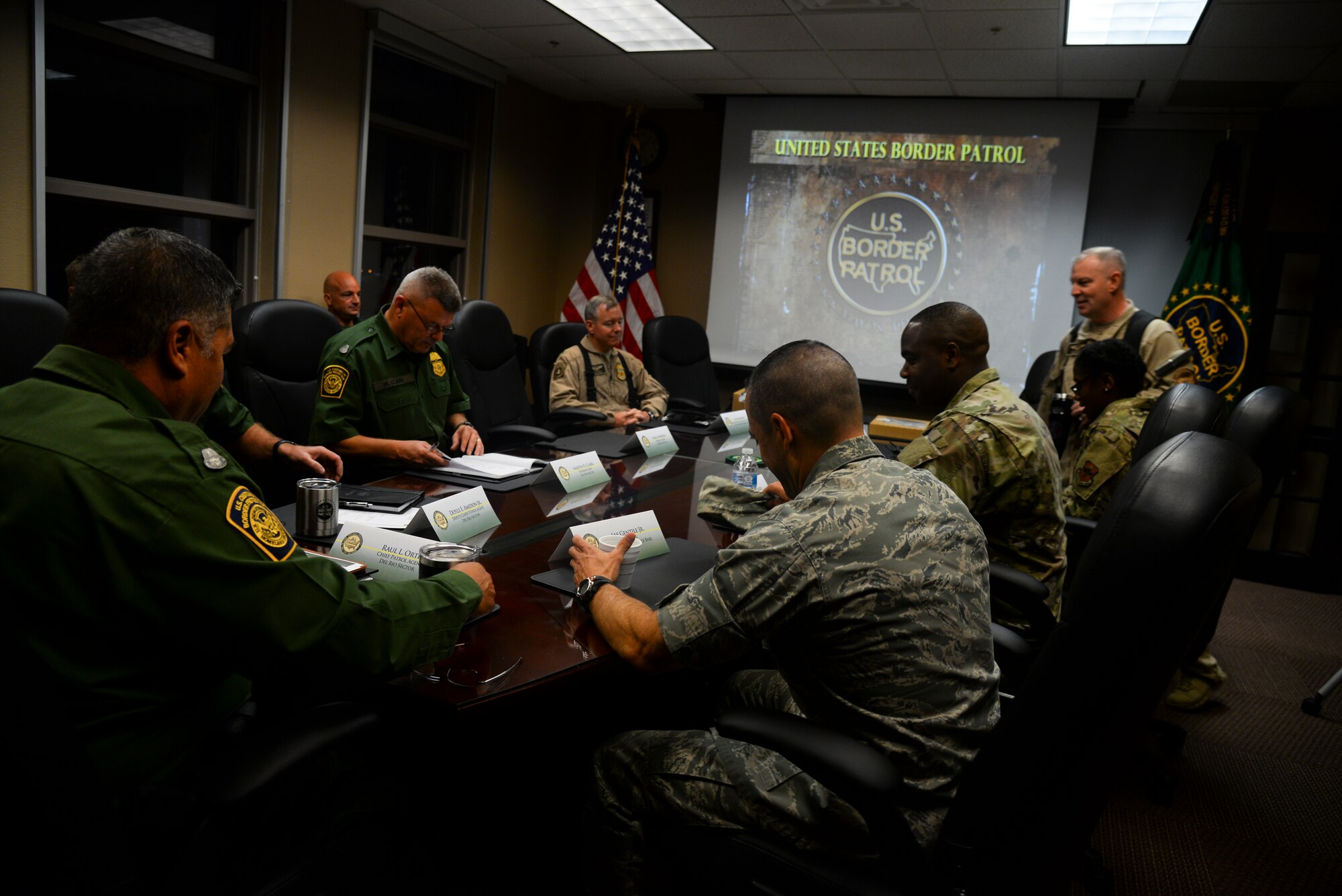 Col. Lee Gentile, 47th Flying Training Wing commander, and Command Chief Robert Zackery III, 47th FTW command chief, are briefed by Del Rio Border Patrol Sector officals Oct. 4, 2019, in Del Rio, Texas. Laughlin leadeship was invited on tour with Del Rio Border Patrol Sector to get a firsthand look at Border Patrol operations as well as strengthening community bonds. (U.S. Air Force photo by Senior Airman Marco A. Gomez)