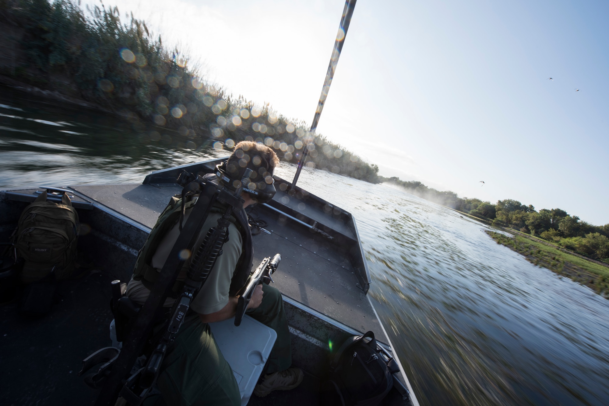 An agent with the U.S. Border Patrol sits in a diamondback air boat Oct. 4, 2019 in Del Rio, Texas. Laughlin leadeship was invited on tour with Del Rio Border Patrol Sector to get a firsthand look at Border Patrol operations as well as strengthening community bonds. (U.S. Air Force photo by Senior Airman Marco A. Gomez)