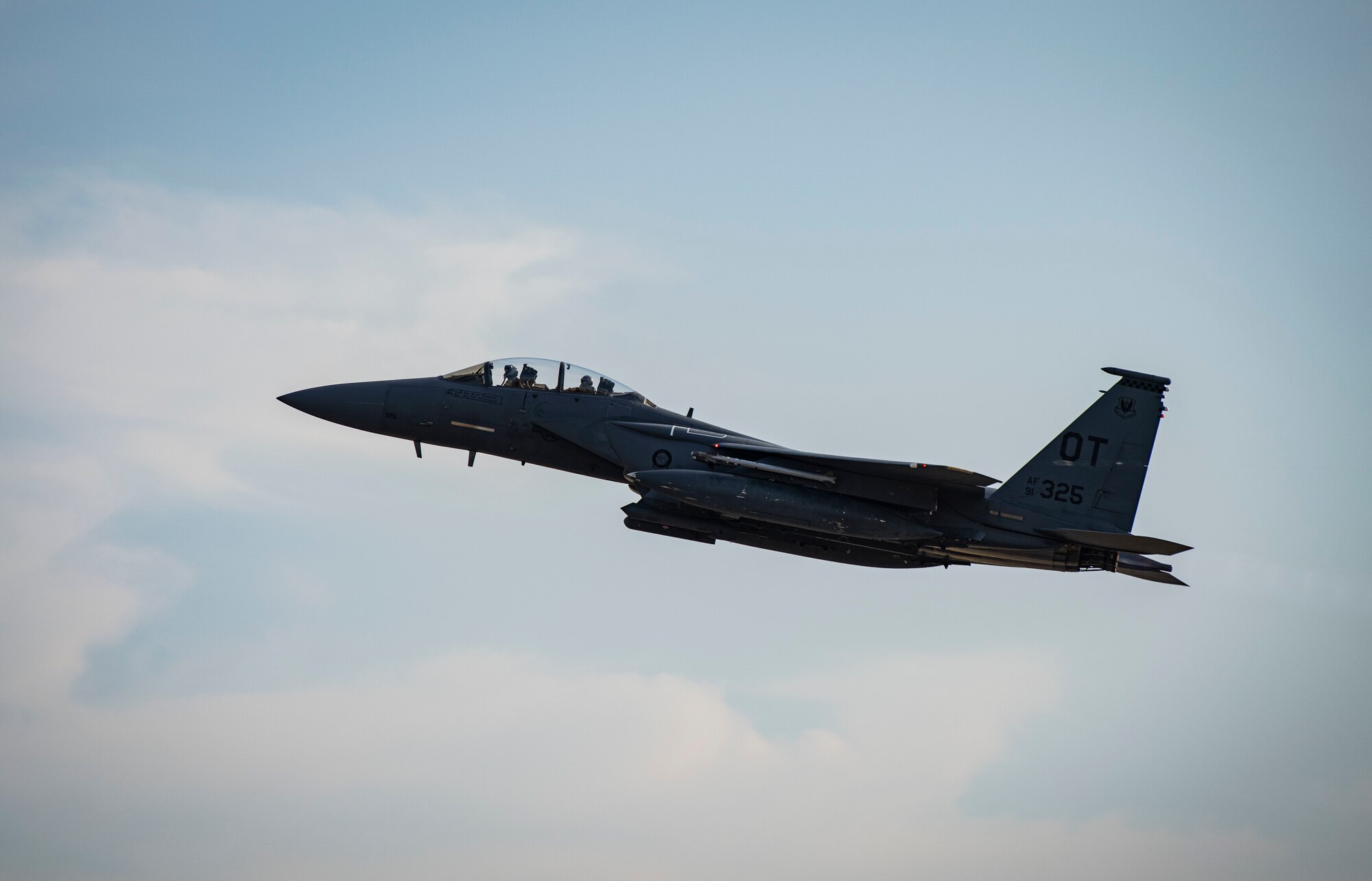 An F-15E Strike Eagle fighter jet assigned to the 422nd Test and Evaluation Squadron, Nellis Air Force Base, Nev., takes off during Combat Archer 19-12 at Tyndall AFB, Fla., Sept. 24, 2019. The F-15E is a dual-role fighter designed to perform air-to-air and air-to-ground missions. (U.S. Air Force photo by Airman 1st Class Bailee A. Darbasie)