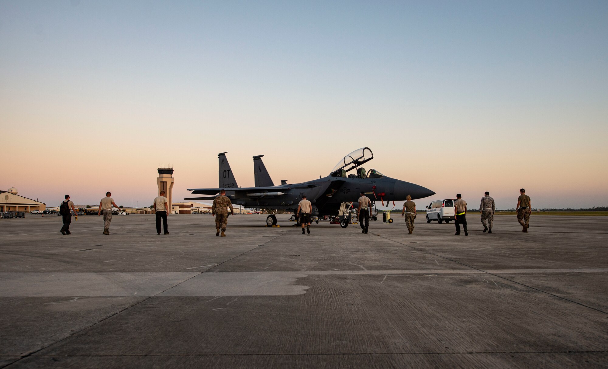 Airman assigned to the 757th Aircraft Maintenance Squadron, preform a foreign-object damage (FOD) walk during Combat Archer 19-12 at Tyndall Air Force Base, Fla., Sept. 24, 2019. FOD walks are designed to retrieve trash, rocks or other loose objects that pose a hazard to running aircraft. (U.S. Air Force photo by Airman 1st Class Bailee A. Darbasie)