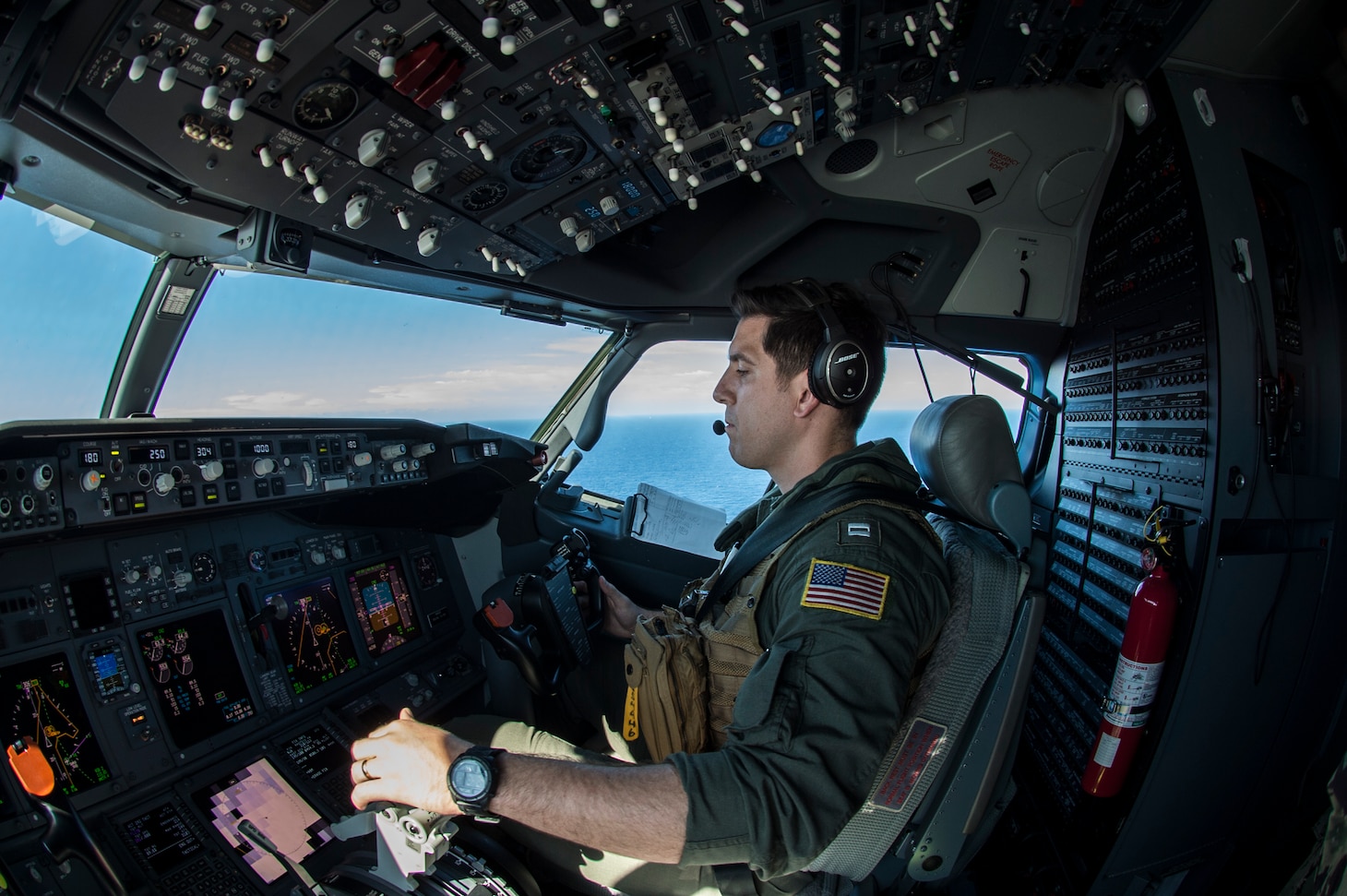 PACIFIC OCEAN (Oct.04, 2019) Lt. Brandon Swindler pilots a U.S. Navy P-8A Poseidon aircraft assigned to the “Mad Foxes” of Patrol Squadron (VP) 5. The VP-5 detachment participated in exercise Malabar 2019, and is conducting maritime patrol and reconnaissance as well as theater outreach operations within U.S. 7th Fleet area of operations.