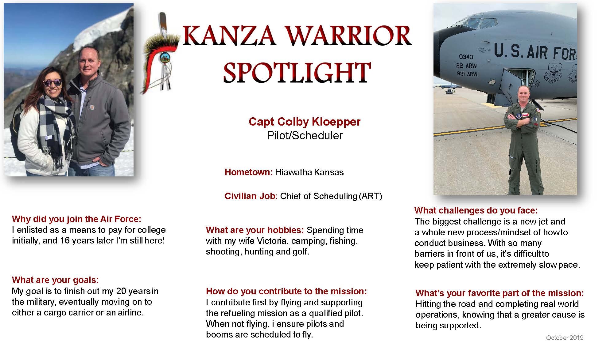 Capt Colby Kloepper, 924 ARS Pilot and Scheduler is this month's KANZA Warrior Spotlight.