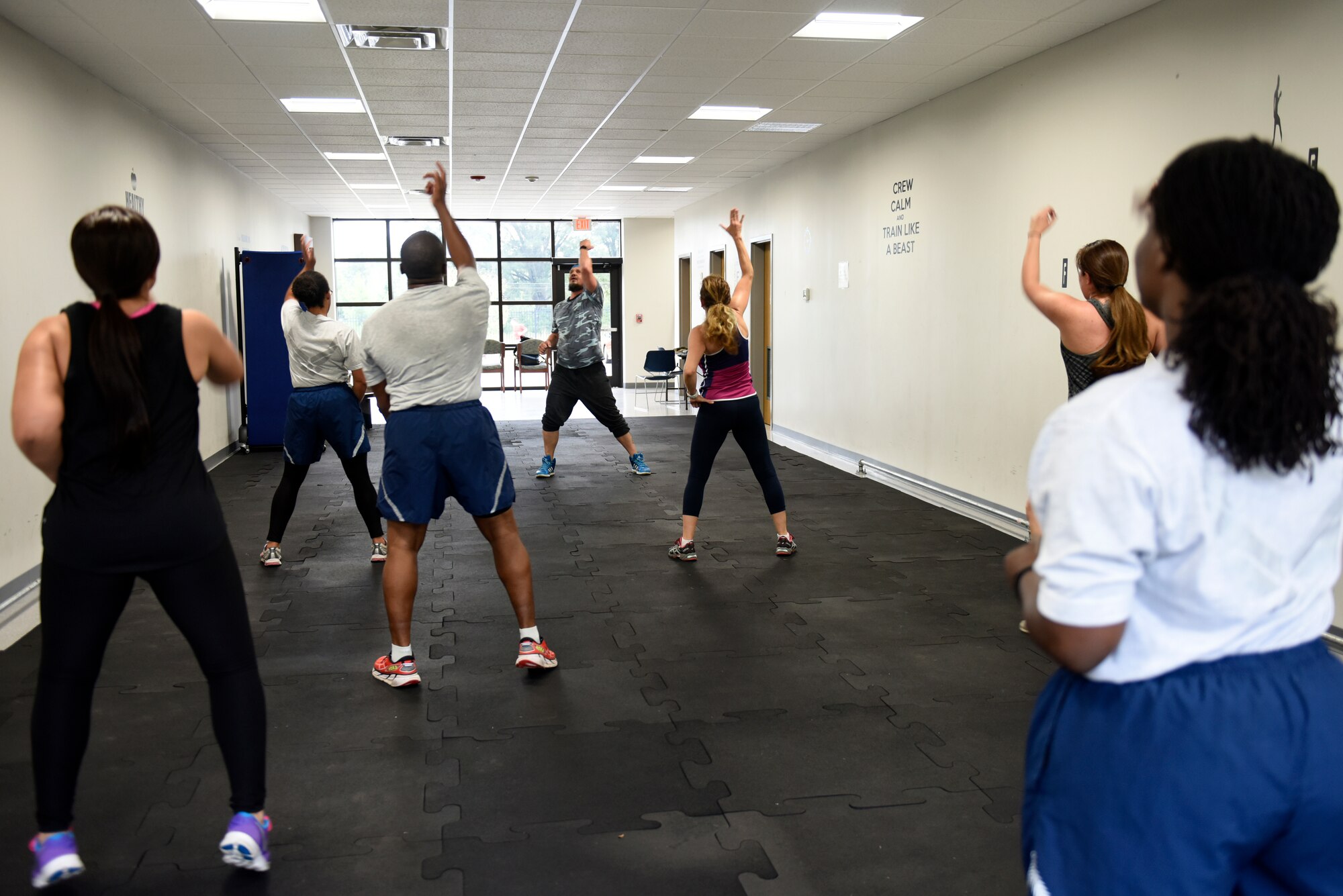 Members of the North Carolina Air National Guard participate in a National Hispanic Month inspired bootcamp Zumba class instructed by Will Fields, cousin of U.S. Air Force 1st. Sgt. Jorge Bedoya, 145th Medical Group, Oct. 5th, 2019. More than twenty people came out to the class as a means to appreciate another culture, and to enjoy the Hispanic music and exercise.