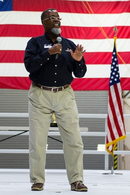 Sporty King, a motivational speaker, speaks to members of the 434th Air Refueling Wing October 5, 2019 at Grissom Air Force Base, Ind. King spoke to members about the importance of resiliency and self-care during the October commander’s call.