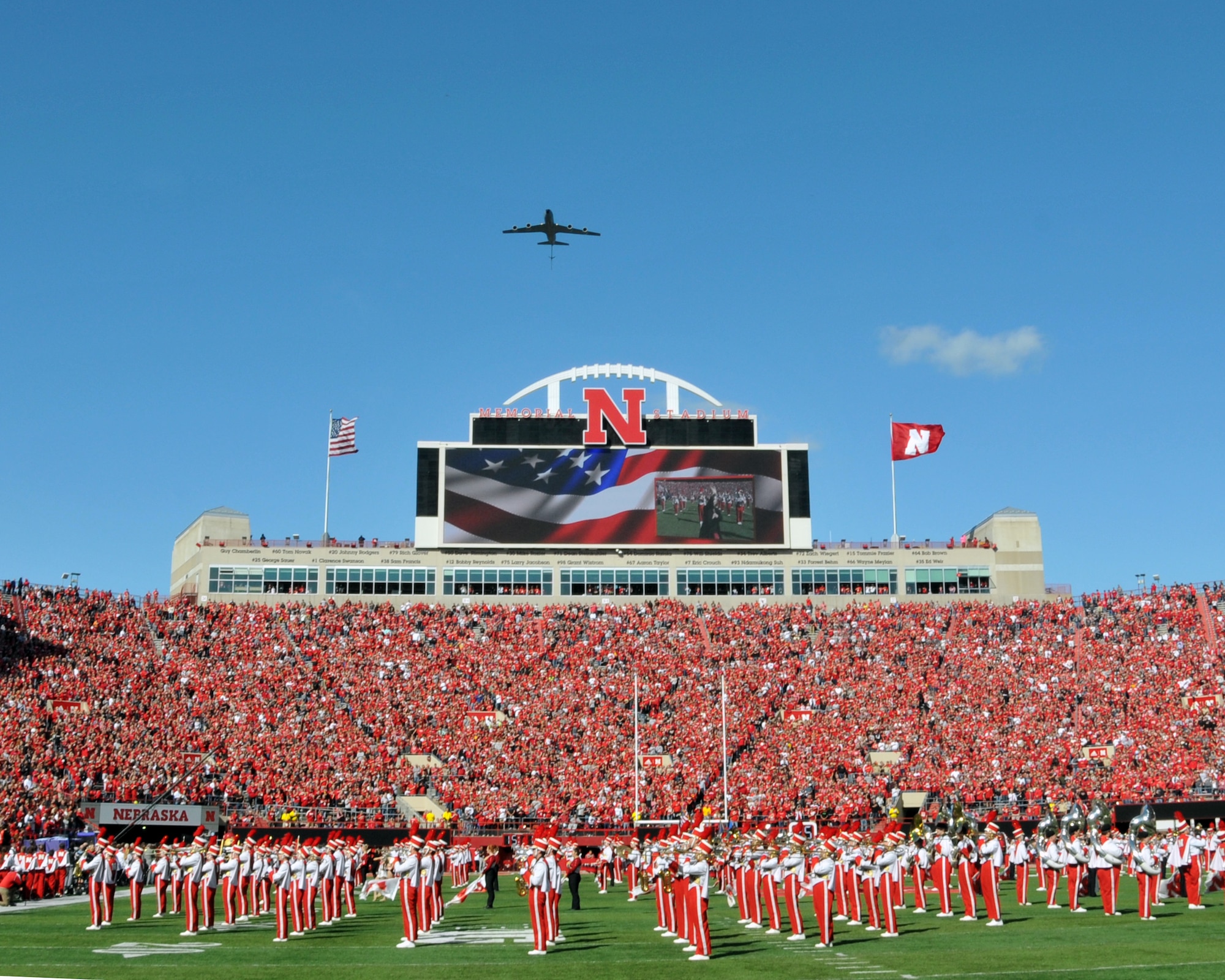 A KC-135 Stratotanker from the 185th Air Refueling Wing, Sioux City, Iowa, does a fly over Memorial Stadium in Lincoln, NE prior to the Nebraska/Northwestern football game on Saturday October 5th, 2019.  Both of the Pilots on this flight are University of Nebraska alumni.