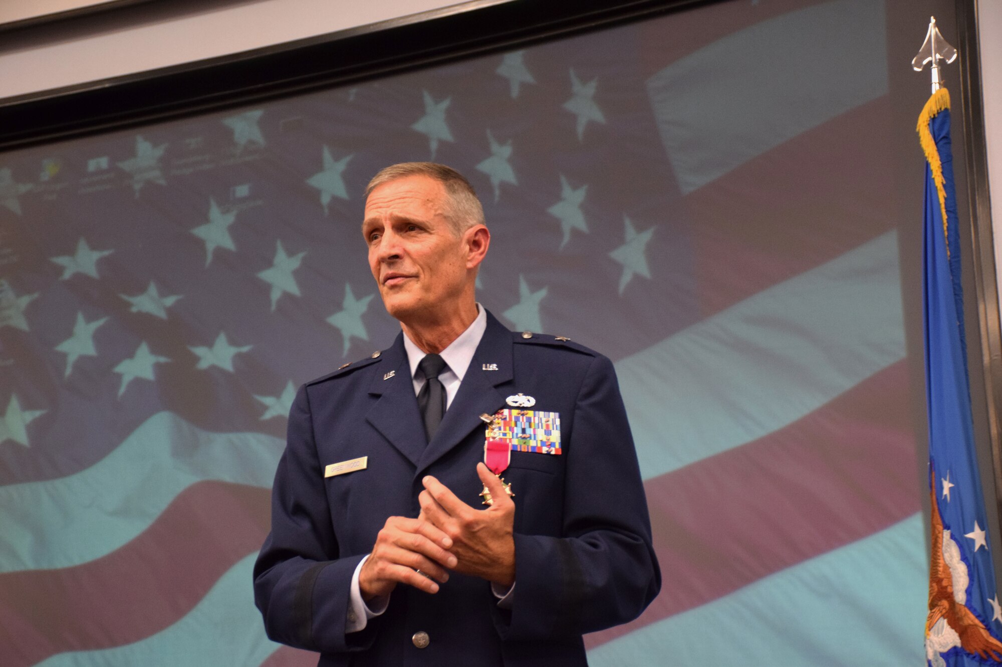 Brig. Gen. Randy Greenwood, Chief of Staff, Iowa Air National Guard, speaks at his retirement ceremony held in the Enhanced Classroom of Joint Force Headquarters in Johnston, Iowa on Saturday, October 5, 2019.  Greenwood is retiring after thirty-six years of service.  (U.S. Air National Guard photo by Tech. Sgt. Linda K. Burger/Released)