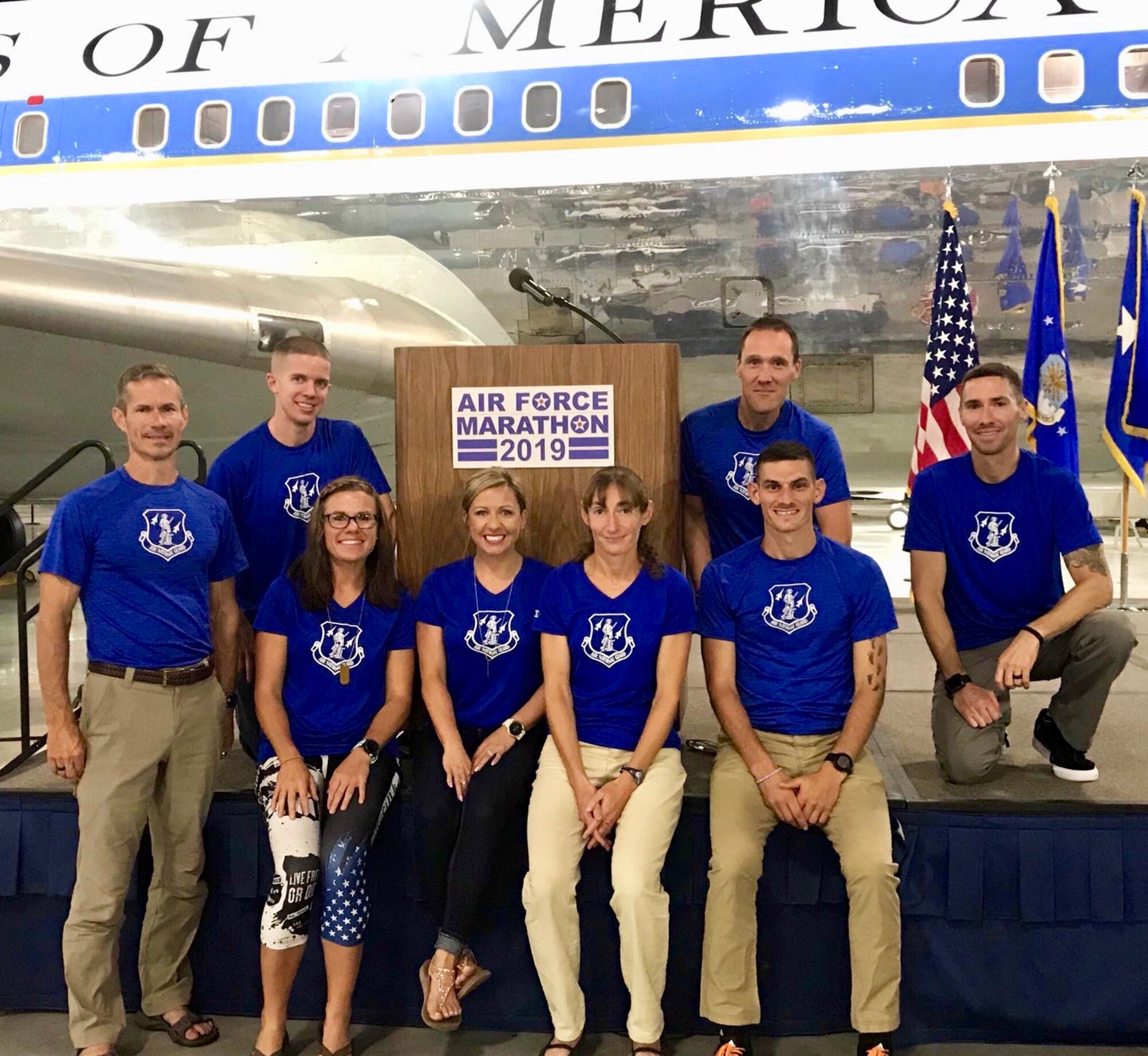 Team members of the Air National Guard Major Command team pose for a group photo after a banquet dinner Sept. 20, 2019 preceding the 2019 Air Force Marathon. Martin finished the 23rd annual Air Force Marathon with a time of 3:27:07 and placed 49th overall as well as a Major Command team win with the Air National Guard team.