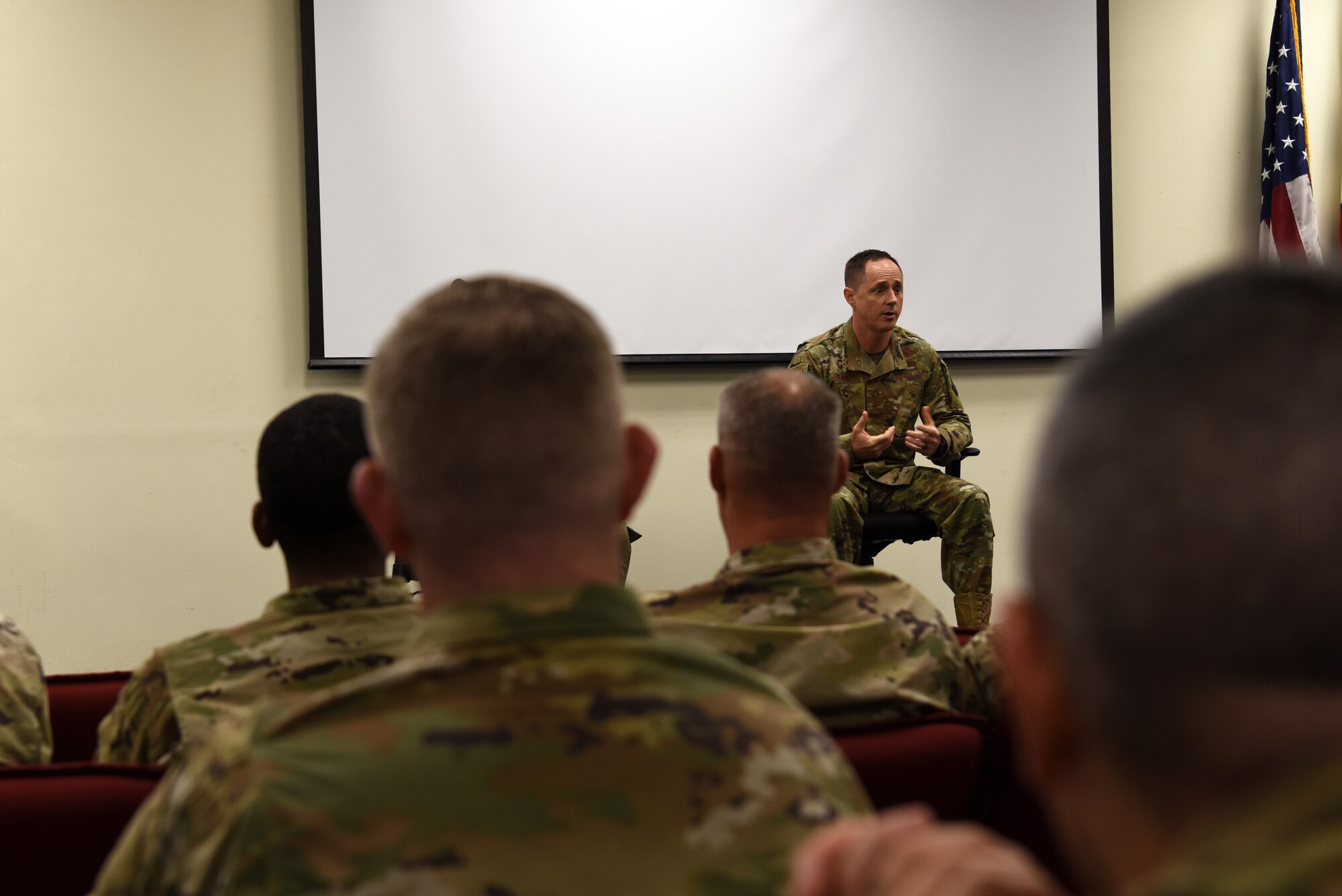 U.S. Air Force Col. Tad Clark, 8th Fighter Wing commander, speaks with the First Sergeant Symposium Class at Kunsan Air Base, Republic of Korea, Oct. 2. During his speech, Clark told the audience that he wants them to make sure to take care of and cultivate the Airmen that serve under them. (U.S. Air Force photo by Staff Sgt. Joshua Edwards)