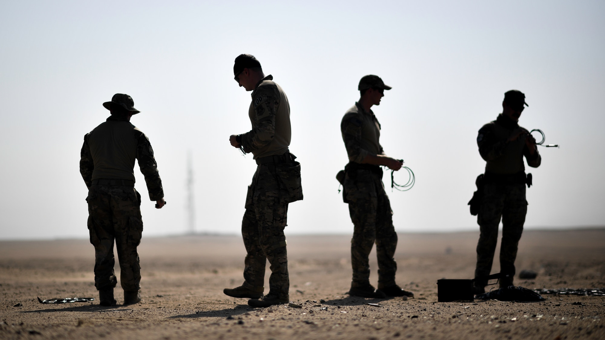 Airmen assigned to the 386th Expeditionary Civil Engineer Squadron explosive ordnance disposal flight at Ali Al Salem Air Base, prepare an assembly of igniters, fuses and blasting caps before a rapid airfield damage repair exercise at Udari Range, Kuwait, Sept. 25, 2019. During the exercise, EOD technicians evaluated explosives after a simulated air attack. Once identified, the explosives are marked for detonation.
