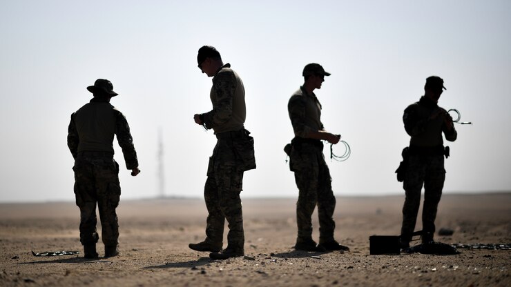 Airmen assigned to the 386th Expeditionary Civil Engineer Squadron explosive ordnance disposal flight at Ali Al Salem Air Base, prepare an assembly of igniters, fuses and blasting caps before a rapid airfield damage repair exercise at Udari Range, Kuwait, Sept. 25, 2019. During the exercise, EOD technicians evaluated explosives after a simulated air attack. Once identified, the explosives are marked for detonation.