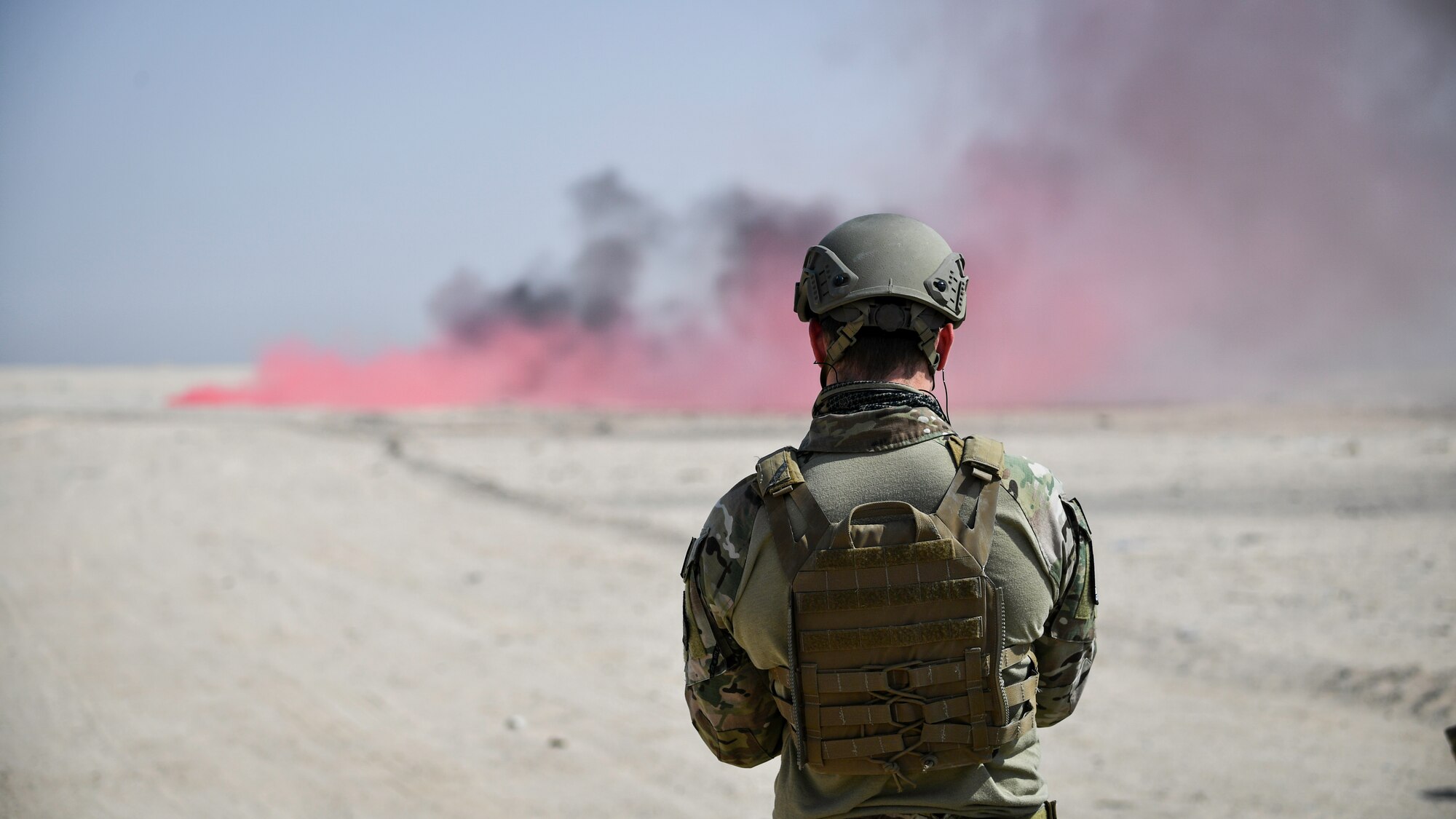 U.S. Air Force Staff Sgt. Frank Lopez, 386th Expeditionary Civil Engineer Squadron explosive ordnance disposal journeyman, assigned to Ali Al Salem Air Base, watches a blast during a rapid airfield damage repair exercise at Udari Range, Kuwait, Sept. 25, 2019. EOD technicians train to detect, disarm, detonate and dispose of explosive threats all over the world.