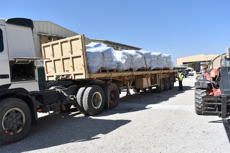 Mattresses are delivered the U.S. Army Corps of Engineers compound on Bagram Airfield, Afghanistan. The brand-new mattresses were excess and needed to be moved quickly. Knowing the district’s lodging facilities was due for a mattress life-cycle replacement in Fiscal Years 20 and 21, Logistics Specialist Tina Byrd took action and procured the excess bedding for the district. Using her logistics expertise, she also coordinated their delivery to locations throughout Afghanistan.