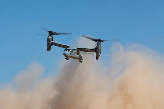 A U.S. Marine Corps MV-22B Osprey aircraft assigned to Marine Aviation Weapons and Tactics Squadron One conducts defensive maneuvers in support of a ground threat reaction exercise during Weapons and Tactics Instructor course 1-20 at Baker’s Peak in Wellton, Arizona, Oct. 3, 2019. WTI is a seven-week training event hosted by MAWTS-1, which emphasizes operational integration of the six functions of Marine Corps aviation in support of a Marine Air Ground Task Force. WTI also provides standardized advanced tactical training and certification of unit instructor qualifications to support Marine aviation training and readiness, and assists in developing and employing aviation weapons and tactics.