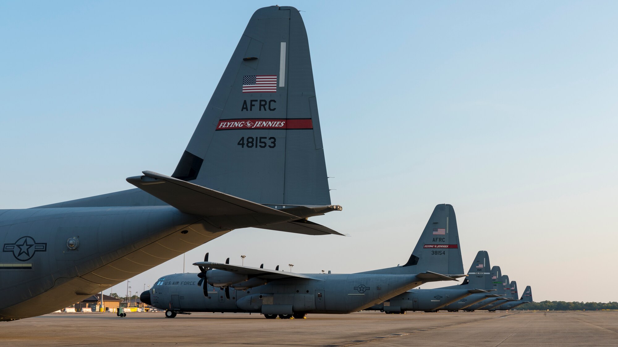 Five 815th Airlift Squadron and two 327th AS C-130J Super Hercules aircraft sit on the flightline at Gulfport Combat Readiness Training Center, Miss. Oct. 1, 2019. The 815th AS, aka ‘Flying Jennies,’ with the 327th AS, provided airlift and airdrop support for the U.S. Army’s Joint Forces Exercise Arctic Anvil, Oct. 1 to 6. (U.S. Air Force video by Tech. Sgt. Christopher Carranza)