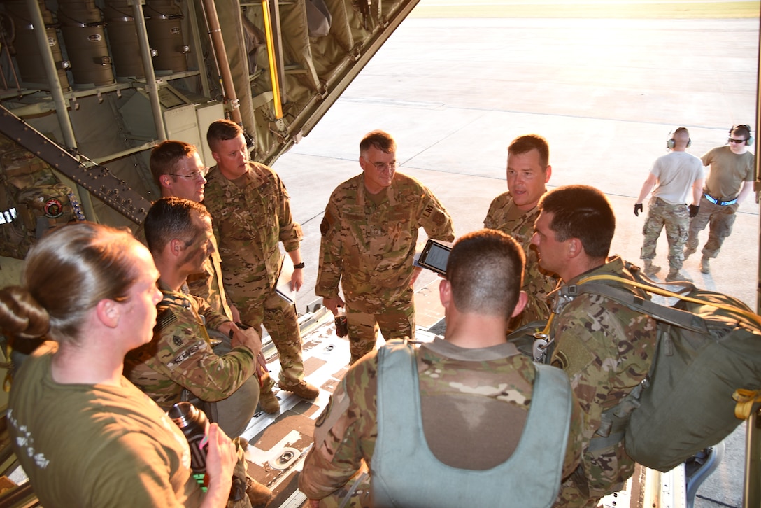 Col. Daniel Collister, 913th Airlift Group deputy commander and pilot, conducts a pre-mission brief with the loadmasters, U.S. Army jumpmasters, and U.S. Army safety crew prior to take-off during the joint forces exercise called Arctic Anvil, Oct. 1-6, at Gulfport Combat Readiness Training Center, Miss. Reserve Citizen Airmen from the 815th Airlift Squadron assigned to the 403rd Wing at Keesler Air Force Base, Miss., and the 327th AS assigned to the 913th Airlift Group at Little Rock AFB, Ark., provided airlift and airdrop capabilities to the 4th Brigade Combat Team (Airborne), 25th Infantry Division stationed at Joint Base Elmendorf-Richardson, Alaska. (U.S. Air Force photo by Jessica L. Kendziorek)