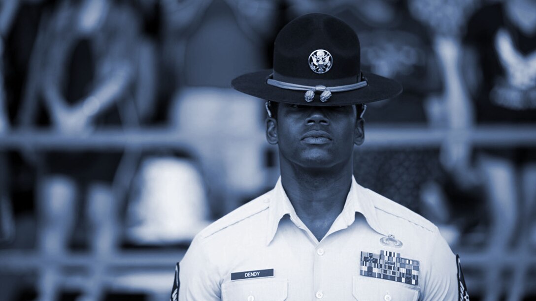 Force Development graphic for AETC's AFPIMS public page mosiac link. Featuring a BMT military training instructor.