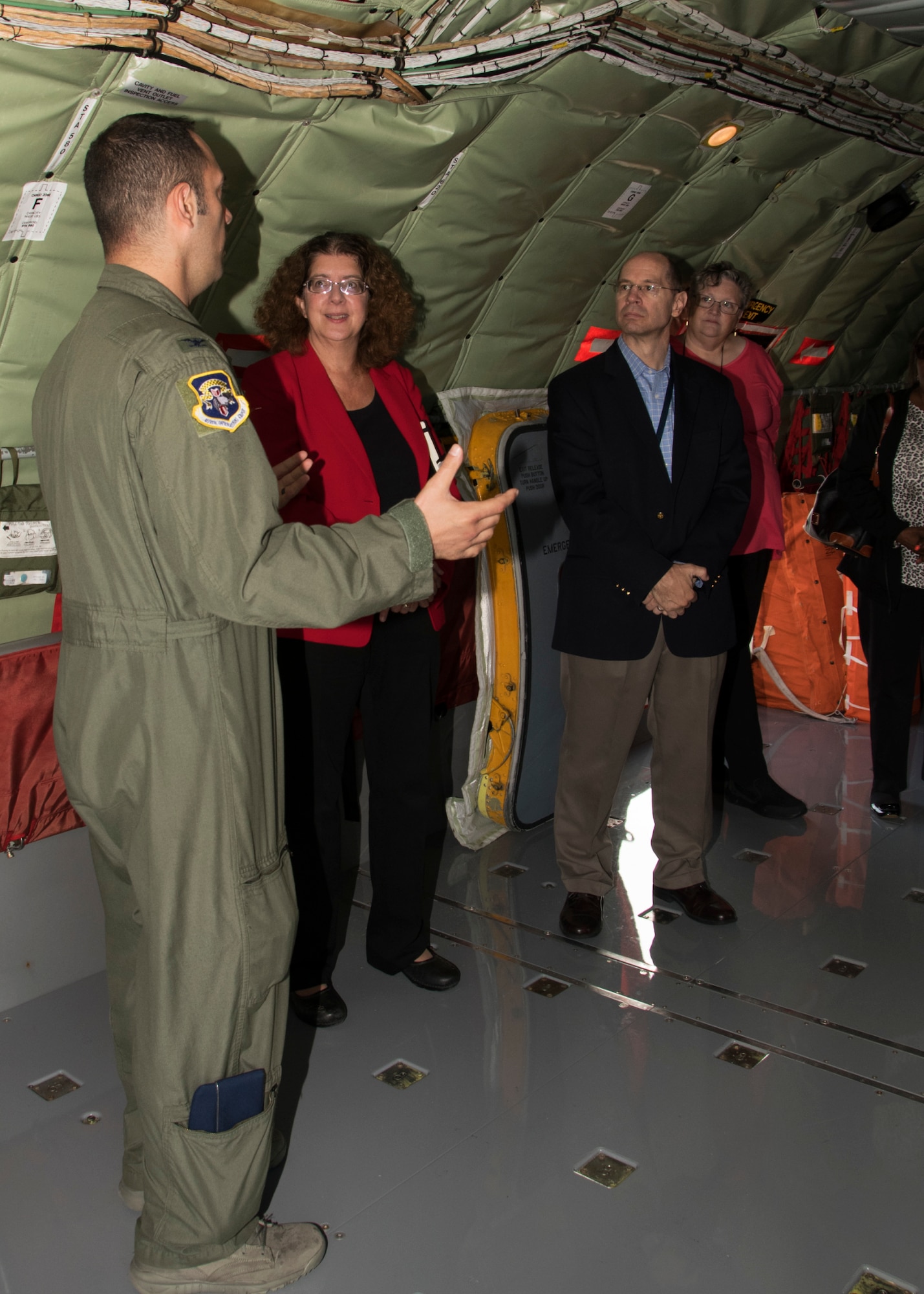 Col. Daniel Menashi, 459th Operations Group Commander, briefs members of Headquarters Air Force on the KC-135 Stratotanker during a visit, Oct. 7, 2019 on Joint Base Andrews, Md. The team was briefed on the KC-135 and given a tour of the aircraft. (U.S. Air Force photo by Staff Sgt. Cierra Presentado/Released)