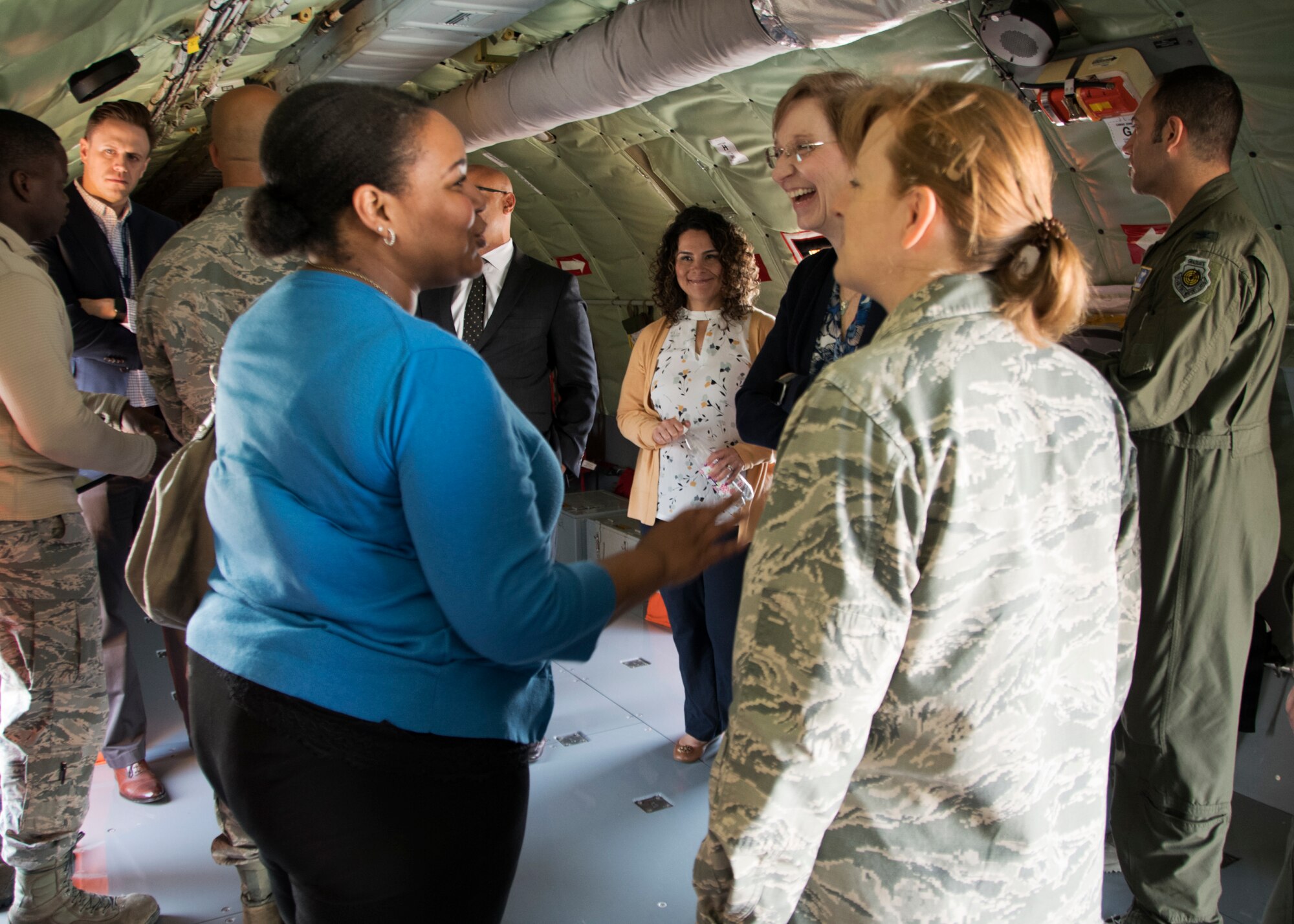 Members of Headquarters Air Force speak with Airmen from the 459th while touring a KC-135 Stratotanker Oct. 7, 2019 on Joint Base Andrews, Md. The team was briefed on the KC-135 and given a tour of the aircraft. (U.S. Air Force photo by Staff Sgt. Cierra Presentado/Released)