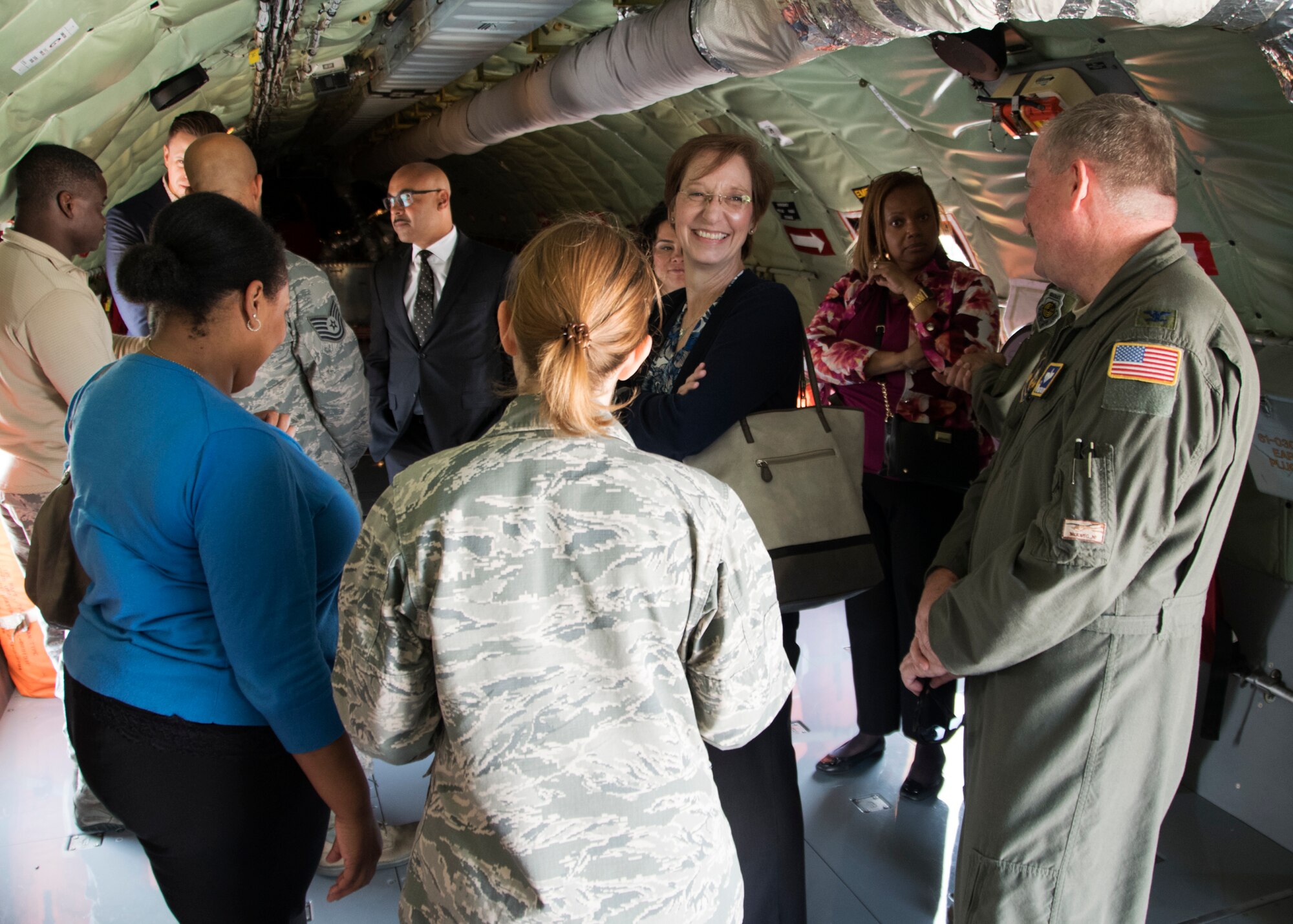 Members of Headquarters Air Force speak with Airmen from the 459th while touring a KC-135 Stratotanker Oct. 7, 2019 on Joint Base Andrews, Md. The team was briefed on the KC-135 and given a tour of the aircraft. (U.S. Air Force photo by Staff Sgt. Cierra Presentado/Released)