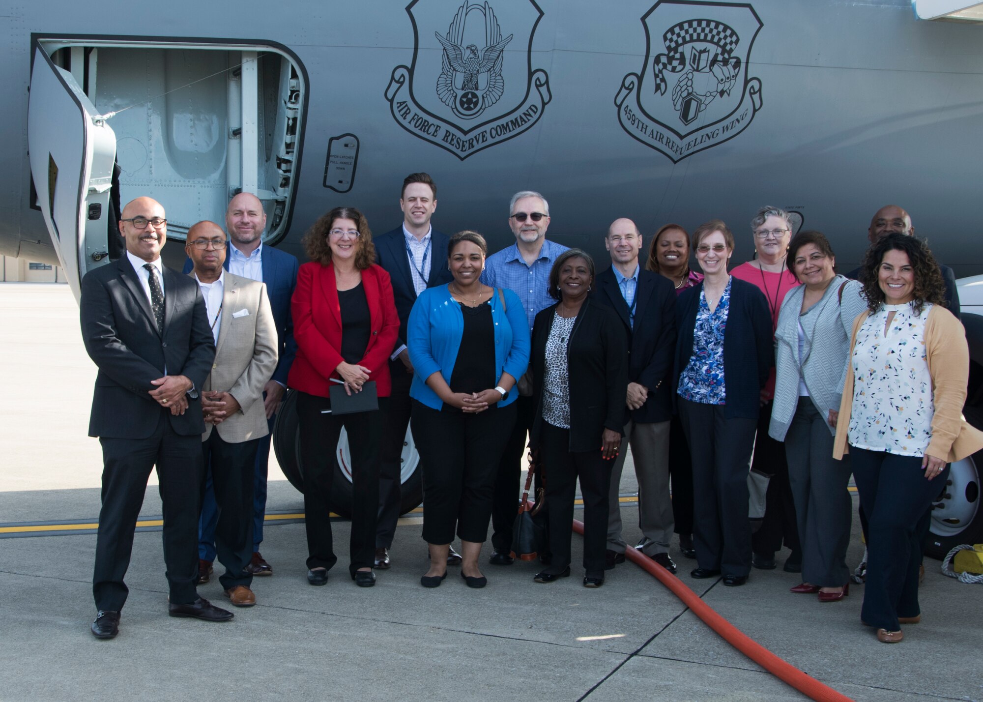 Members of Headquarters Air Force pose for a photo after touring a KC-135 Stratotanker Oct, 7, 2019 at Joint Base Andrews, Md. The team was briefed on the KC-135 and given a tour of the aircraft. (U.S. Air Force photo by Staff Sgt. Cierra Presentado/Released)