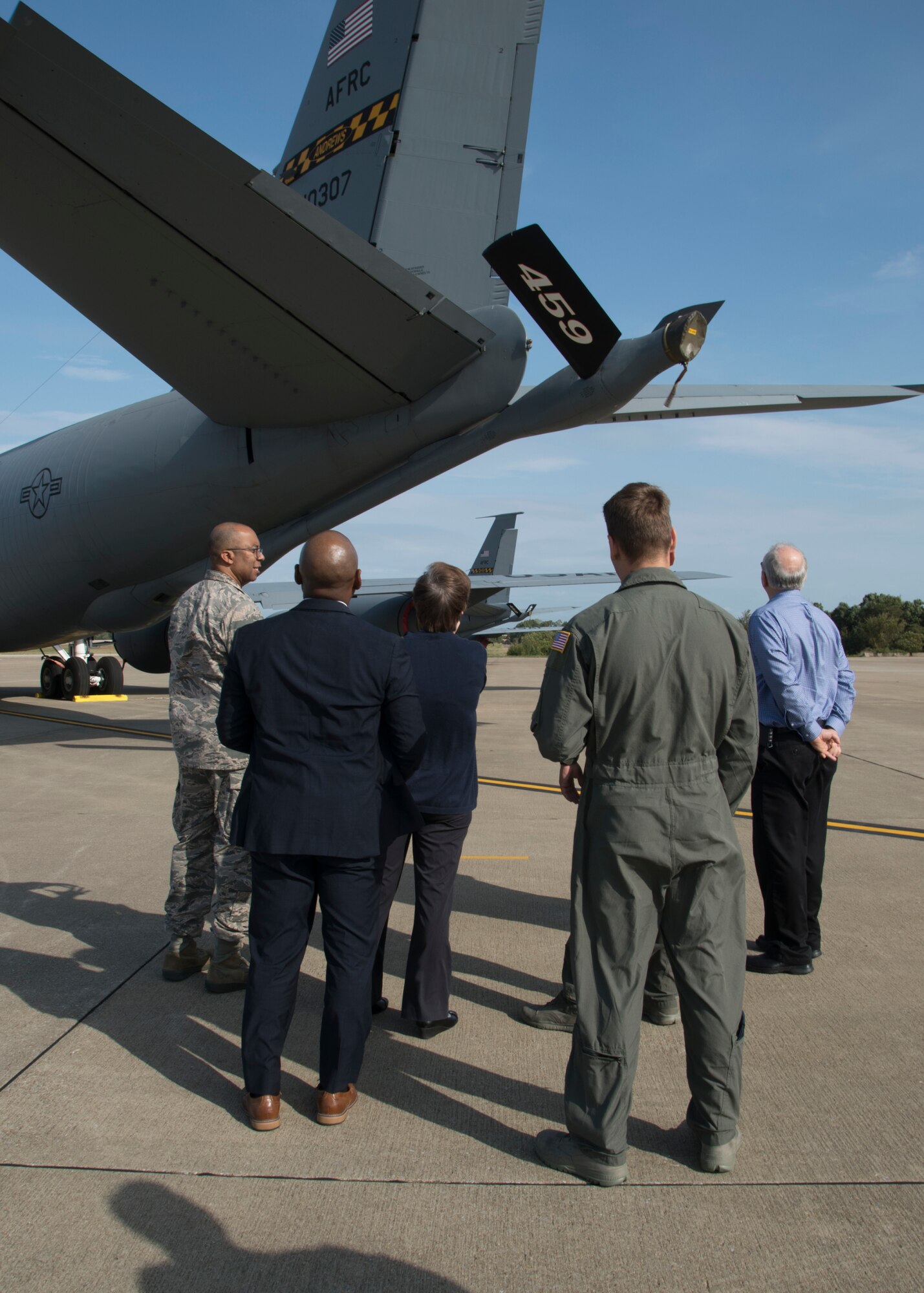 Members of Headquarters Air Force tour a KC-135 Stratotanker Oct. 7, 2019 on Joint Base Andrews, Md. The team was briefed on the KC-135 and given a tour of the aircraft. (U.S. Air Force photo by Staff Sgt. Cierra Presentado/Released)