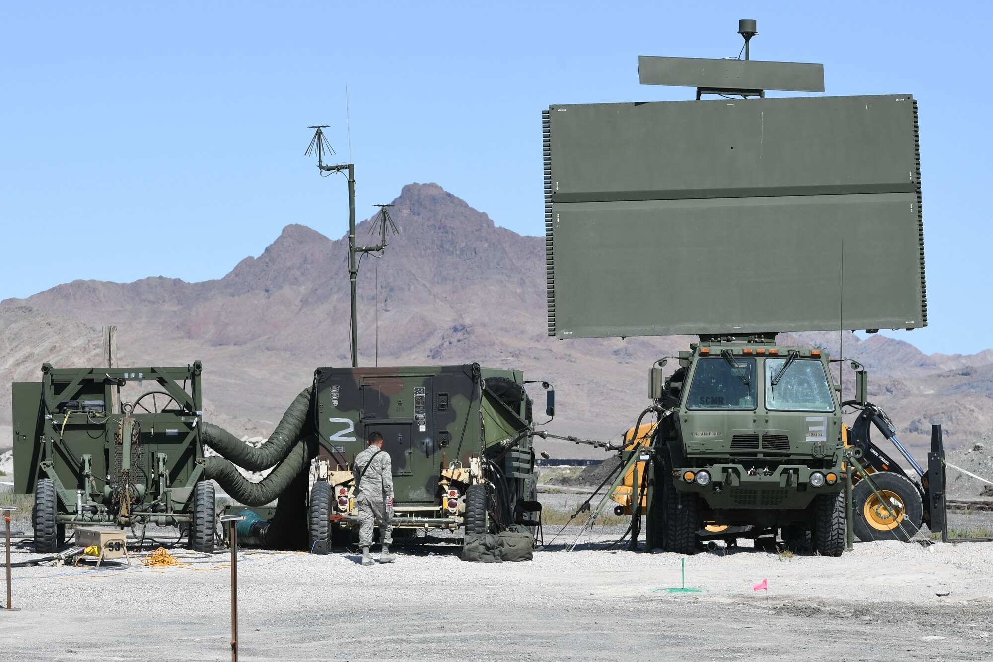 A 729th Air Control Squadron remote radar site during the squadron’s Raging Bull exercise Sept. 23, 2019 at a base camp at Wendover Field, Utah. The Airmen were participating in the squadron’s annual exercise, where they set up a remote radar site to extend the unit's capability to control aircraft. (U.S. Air Force photo by Cynthia Griggs)