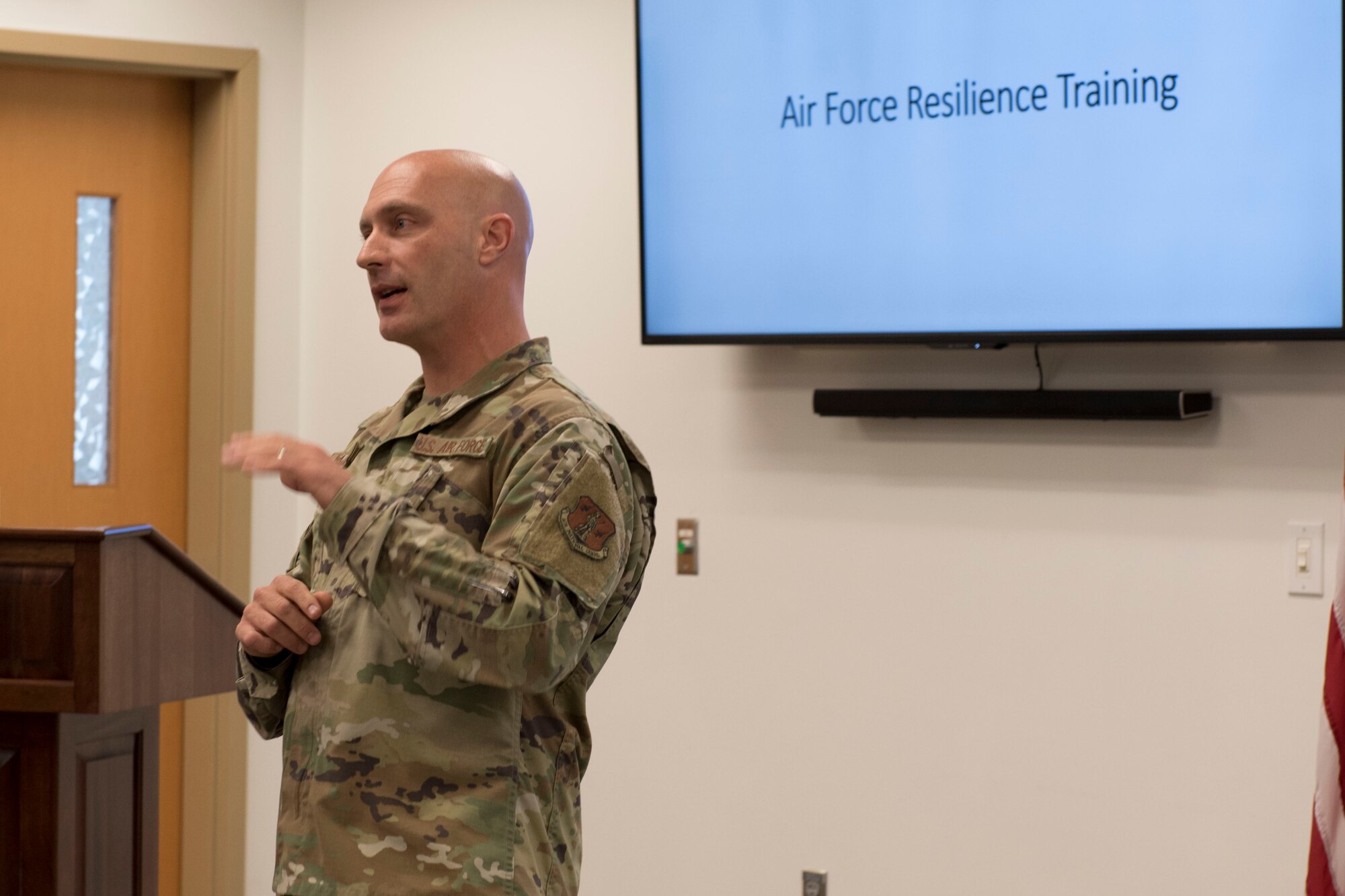 Master resilience trainer, Master Sgt. Anthony Faiono, discusses resiliency with Airmen during the 167th Airlift Wing's Full Spectrum Wellness Day, Oct. 6, 2019. The 167th Airlift Wing paused normal unit training assembly activities for the day to focus on wellness and resilience as part of an Air Force-wide initiative to address a spike in suicides across the force this year. (U.S. Air National Guard photo by Senior Master Sgt. Emily Beightol-Deyerle)