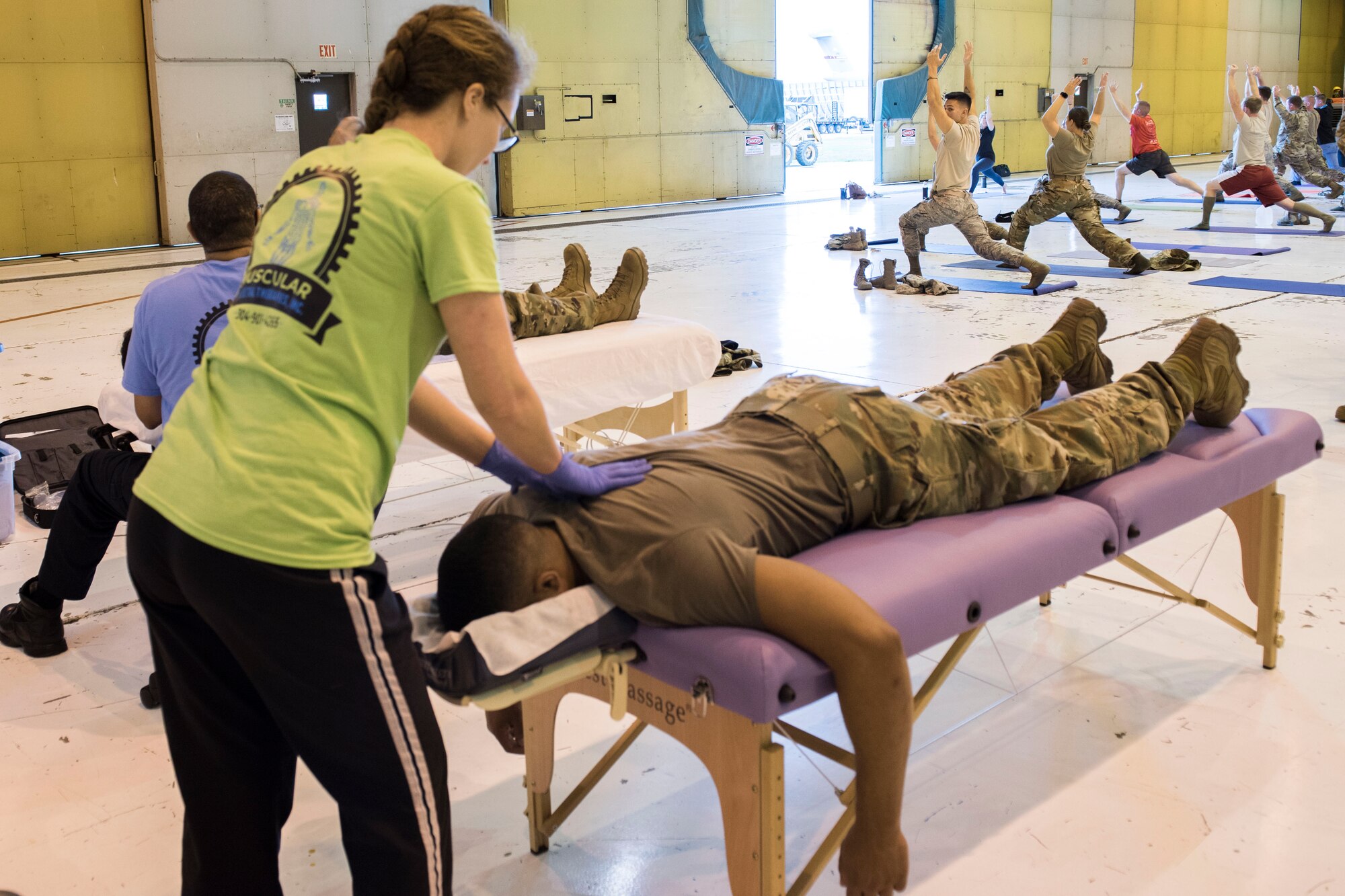 Muscular Skeletal Therapies, Inc., provide massages to Airmen at the 167th Airlift Wing, Oct. 6, 2019, as part of the wing's Full Spectrum Wellness Day. The 167th Airlift Wing paused normal unit training assembly activities for the day to focus on wellness and resilience as part of an Air Force-wide initiative to address a spike in suicides across the force this year. (U.S. Air National Guard photo by Senior Master Sgt. Emily Beightol-Deyerle)