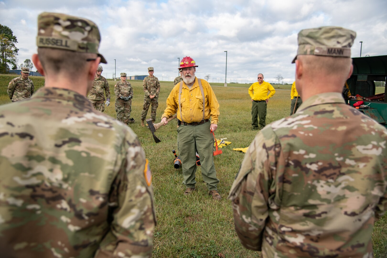 Members of the West Virginia Army National Guard’s 249th Army Band participate in basic wildland fire suppression training, conducted by the West Virginia Division of Forestry in Morgantown, West Virginia, Oct. 3, 2019. The training covered basic wildland fire fighting techniques including understanding fire behavior, suppression tactics and techniques, crew organization, communications, and crew safety and awareness, with the goal of providing WNVG Soldiers the basic skills and experience to operate on a fire line side-by-side with experienced Division of Forestry personnel. (U.S. Army National Guard photo by Edwin L. Wriston)