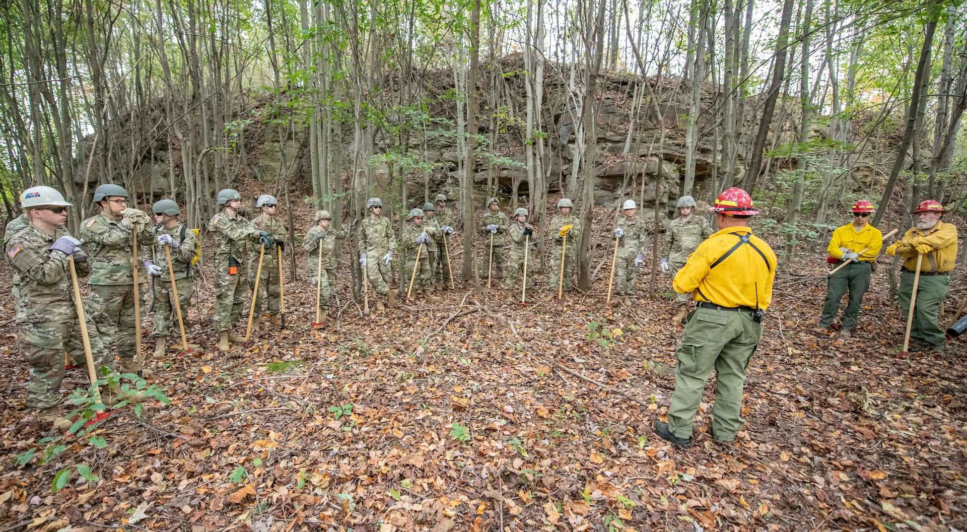 Members of the West Virginia Army National Guard’s 249th Army Band participate in basic wildland fire suppression training, conducted by the West Virginia Division of Forestry in Morgantown, West Virginia, Oct. 3, 2019. The training covered basic wildland fire fighting techniques including understanding fire behavior, suppression tactics and techniques, crew organization, communications, and crew safety and awareness, with the goal of providing WNVG Soldiers the basic skills and experience to operate on a fire line side-by-side with experienced Division of Forestry personnel. (U.S. Army National Guard photo by Edwin L. Wriston)