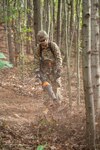 A Soldier of the West Virginia Army National Guard’s 249th Army Band uses a high-powered blower to clear debris and establish a fire line during basic wildland fire suppression training, conducted by the West Virginia Division of Forestry in Morgantown, West Virginia, Oct. 3, 2019. The training covered basic wildland fire fighting techniques including understanding fire behavior, suppression tactics and techniques, crew organization, communications, and crew safety and awareness, with the goal of providing WNVG Soldiers the basic skills and experience to operate on a fire line side-by-side with experienced Division of Forestry personnel. (U.S. Army National Guard photo by Edwin L. Wriston)