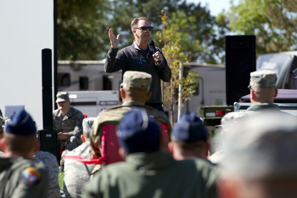 Dennis Gillan, an international speaker on the topic of suicide and mental health advocacy, speaks to 419th Fighter Wing reservists during a Resiliency Tactical Pause event to highlight suicide prevention and awareness as part of the wing’s monthly unit training assembly this weekend