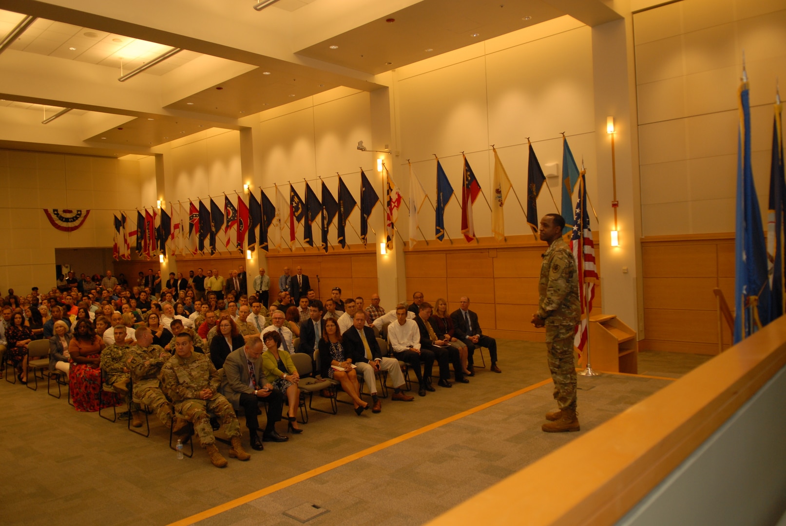 DLA Troop Support Commander Army Brig. Gen. Gavin Lawrence addresses the workforce at a town hall event Oct. 2, 2019 in Philadelphia. Lawrence discussed the accomplishments of the past fiscal year and changes and expectations of the next. Photo by Ed Maldonado
