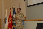 DLA Troop Support Commander Army Brig. Gen. Gavin Lawrence addresses the workforce at a town hall event Oct. 2, 2019 in Philadelphia. Lawrence discussed the accomplishments of the past fiscal year and changes and expectations of the next. Photo by Ed Maldonado